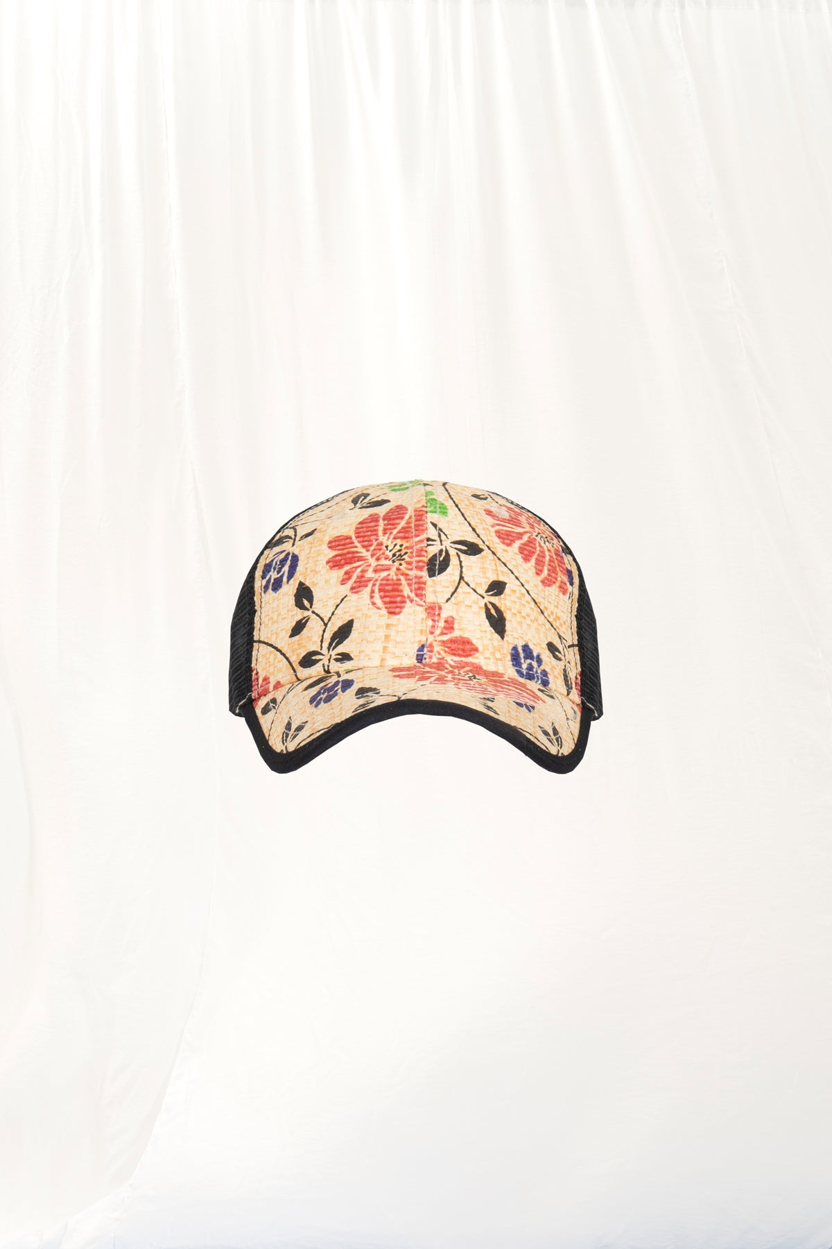 Siyah Bej Çiçek Desenli Sapka Bol