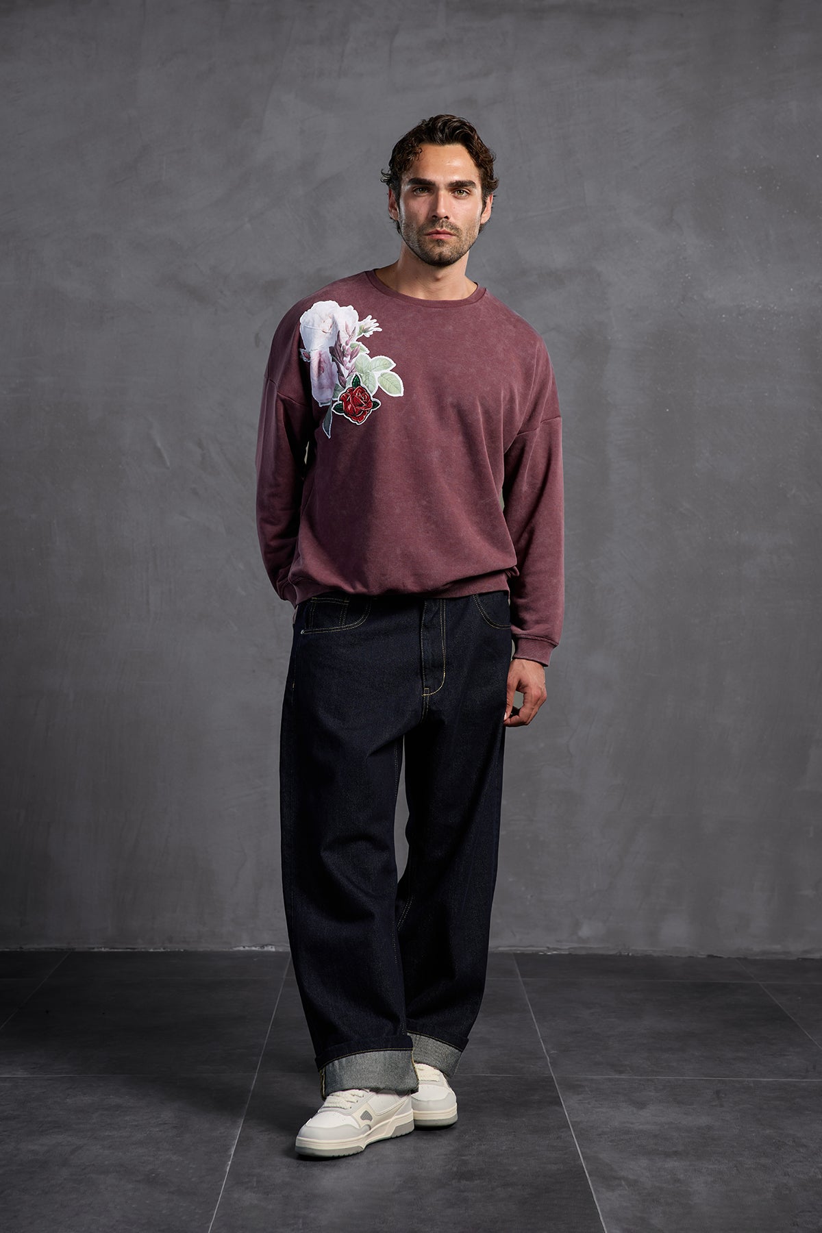 Bordo Sıfır Yaka Baskılı  Sweatshirt 10001