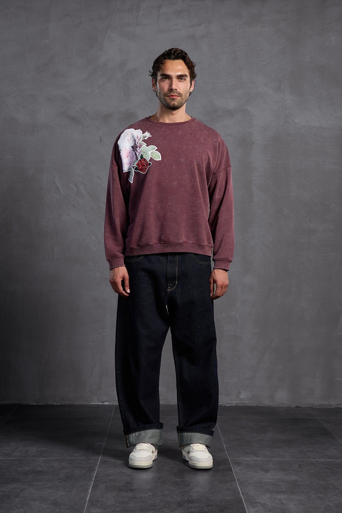 Bordo Sıfır Yaka Baskılı  Sweatshirt 10001
