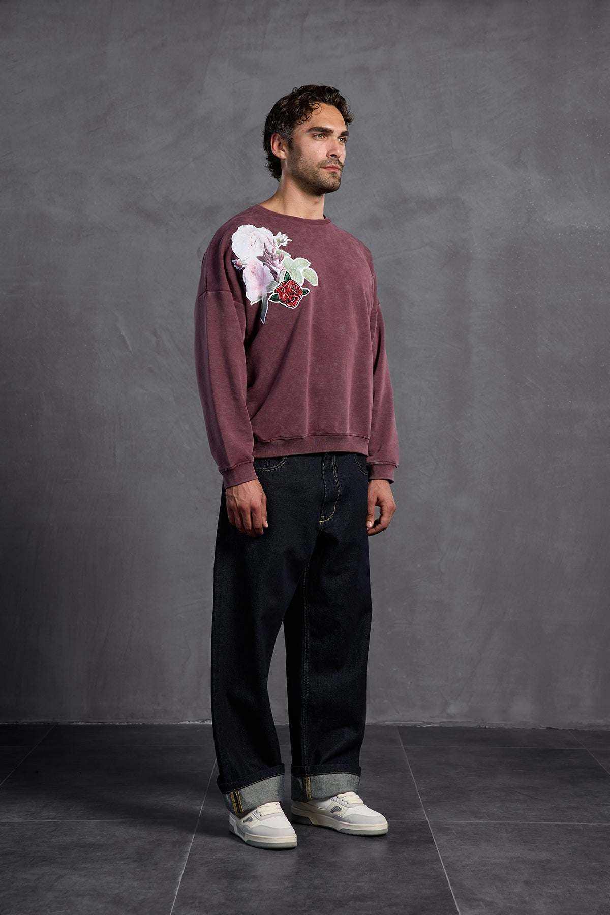 Bordo Sıfır Yaka Baskılı  Sweatshirt 10001