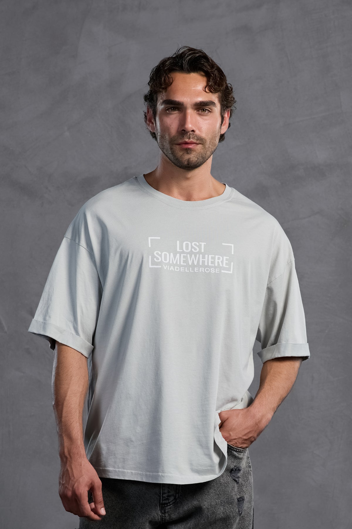 Gri Sıfır Yaka Baskılı  T-Shirt 10006