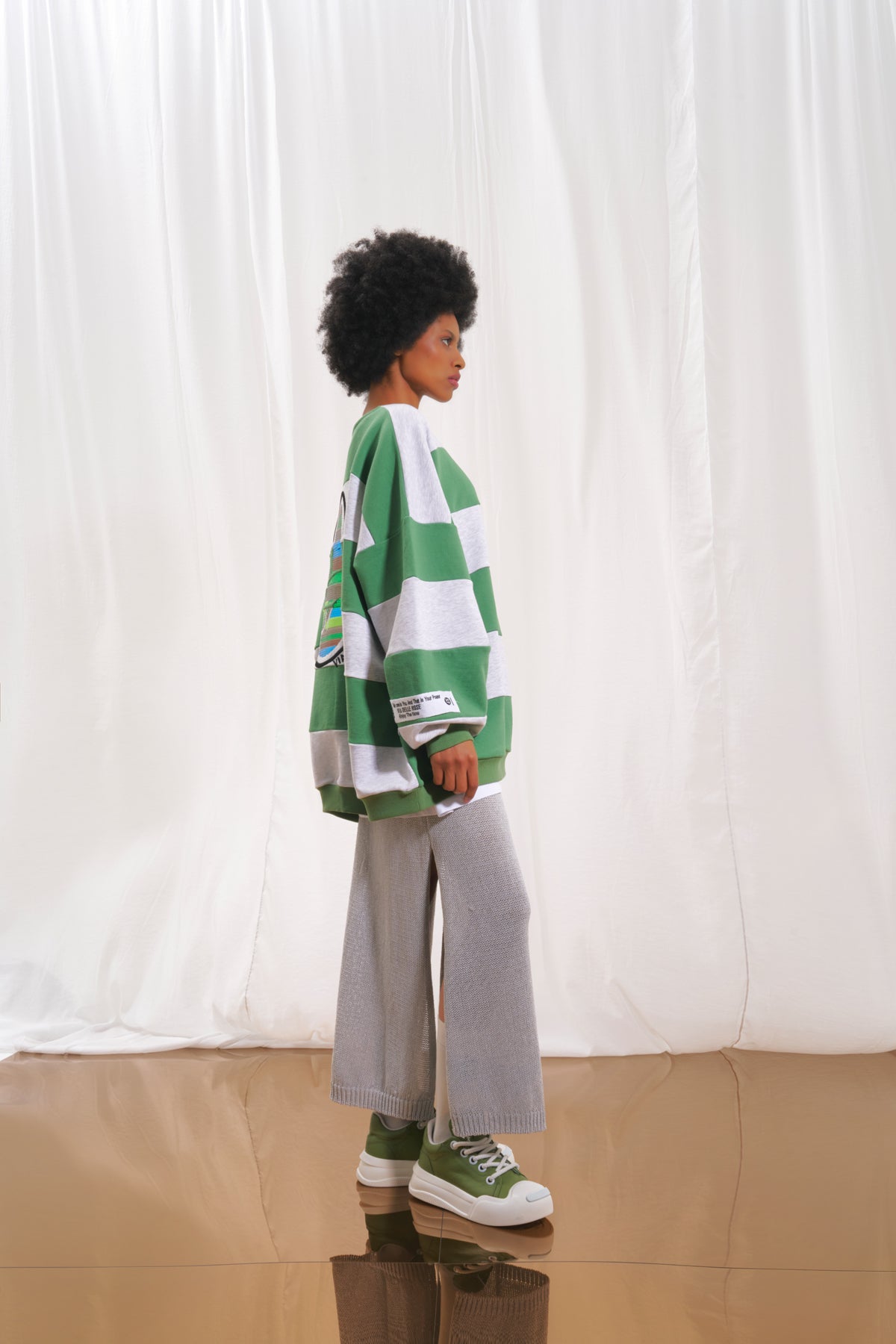 Zeytin Yesili Gri Çizgili Islemeli Sweatshirt 17047