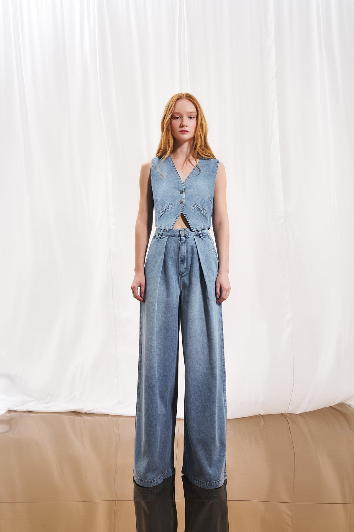 Açık Mavi Piliseli Wide-Leg Denim Pantolon 17220