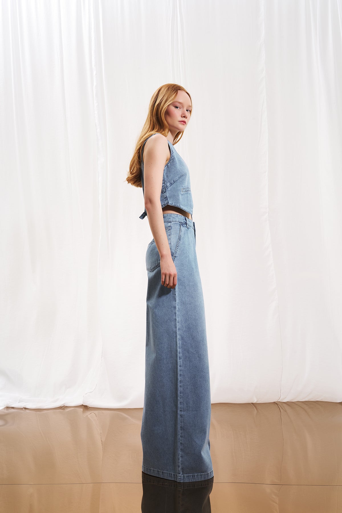 Açık Mavi Piliseli Wide-Leg Denim Pantolon 17220