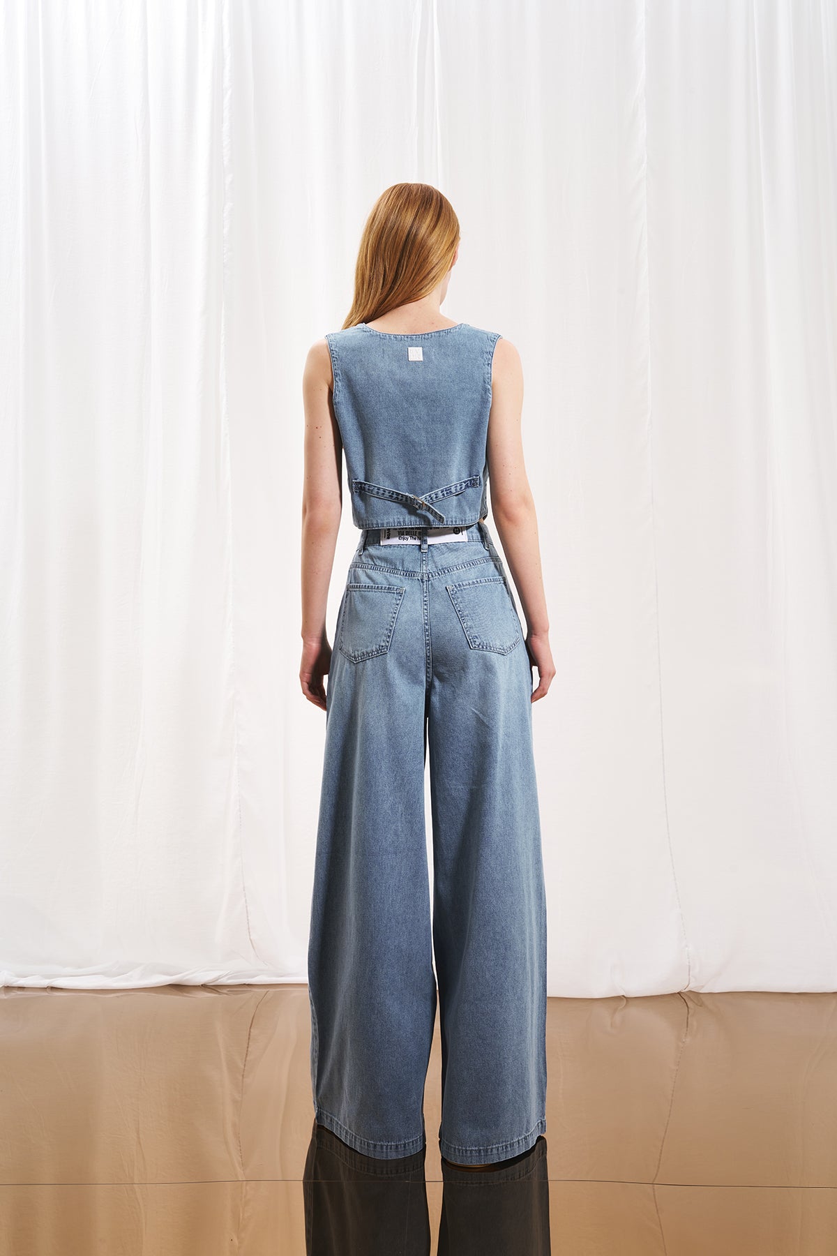 Açık Mavi Piliseli Wide-Leg Denim Pantolon 17220