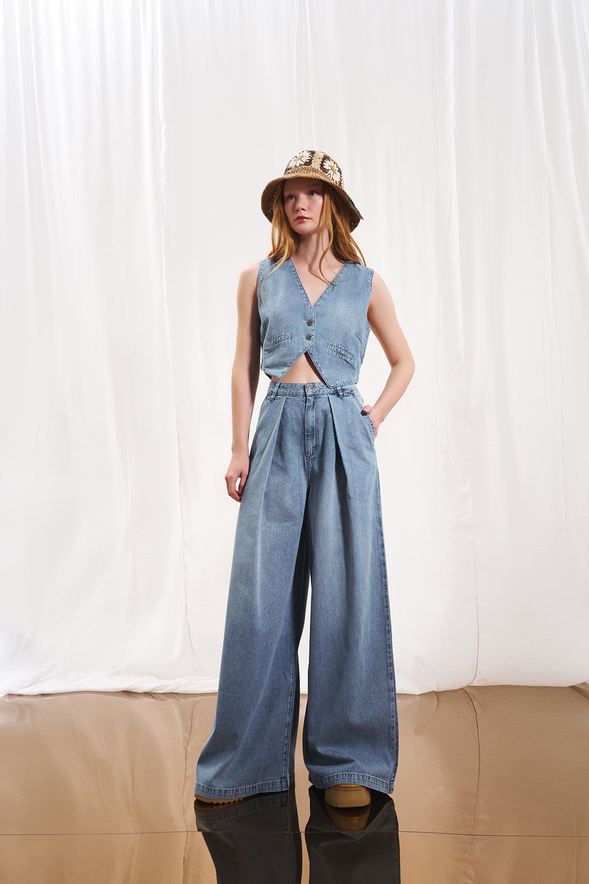 Açık Mavi Crop Denim Yelek 17221