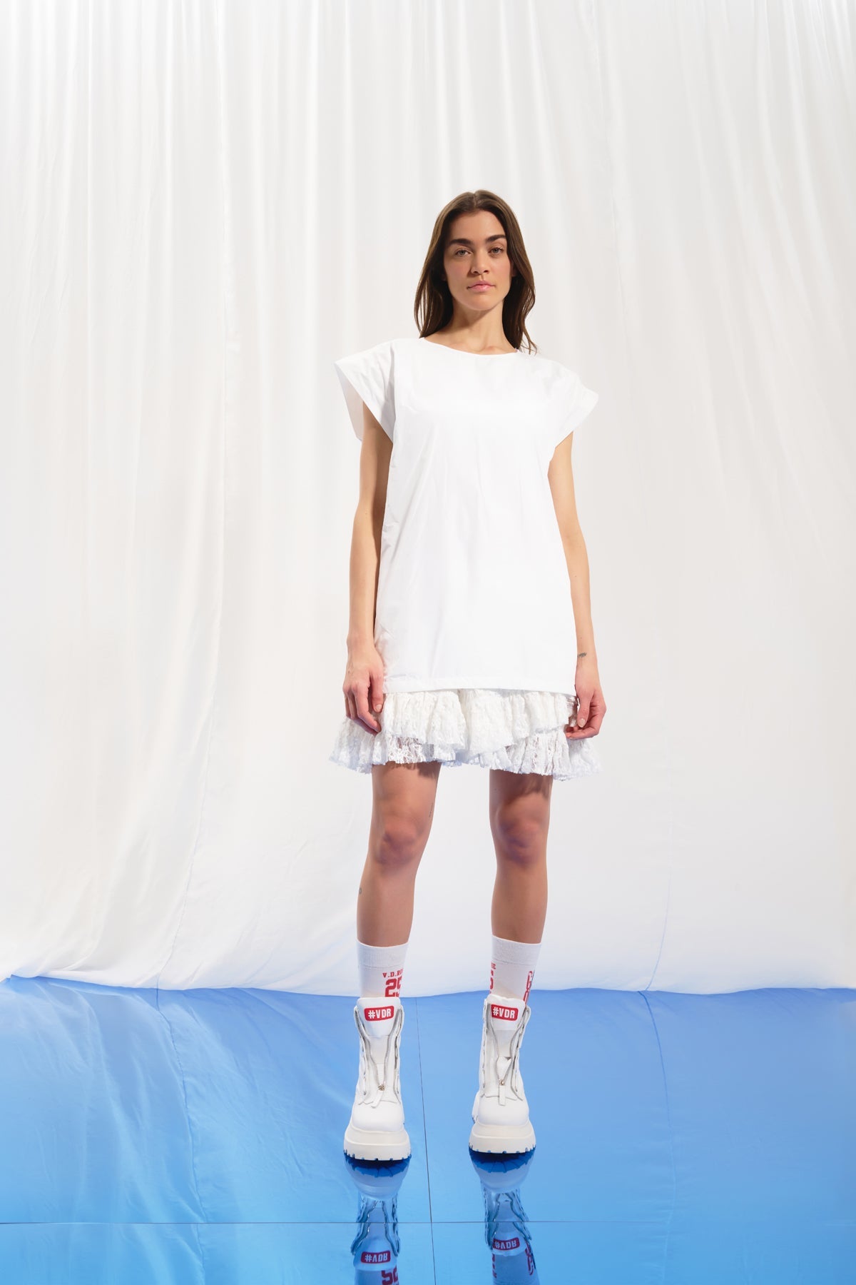 Beyaz Kontrast Baskili Mini Elbise 17231