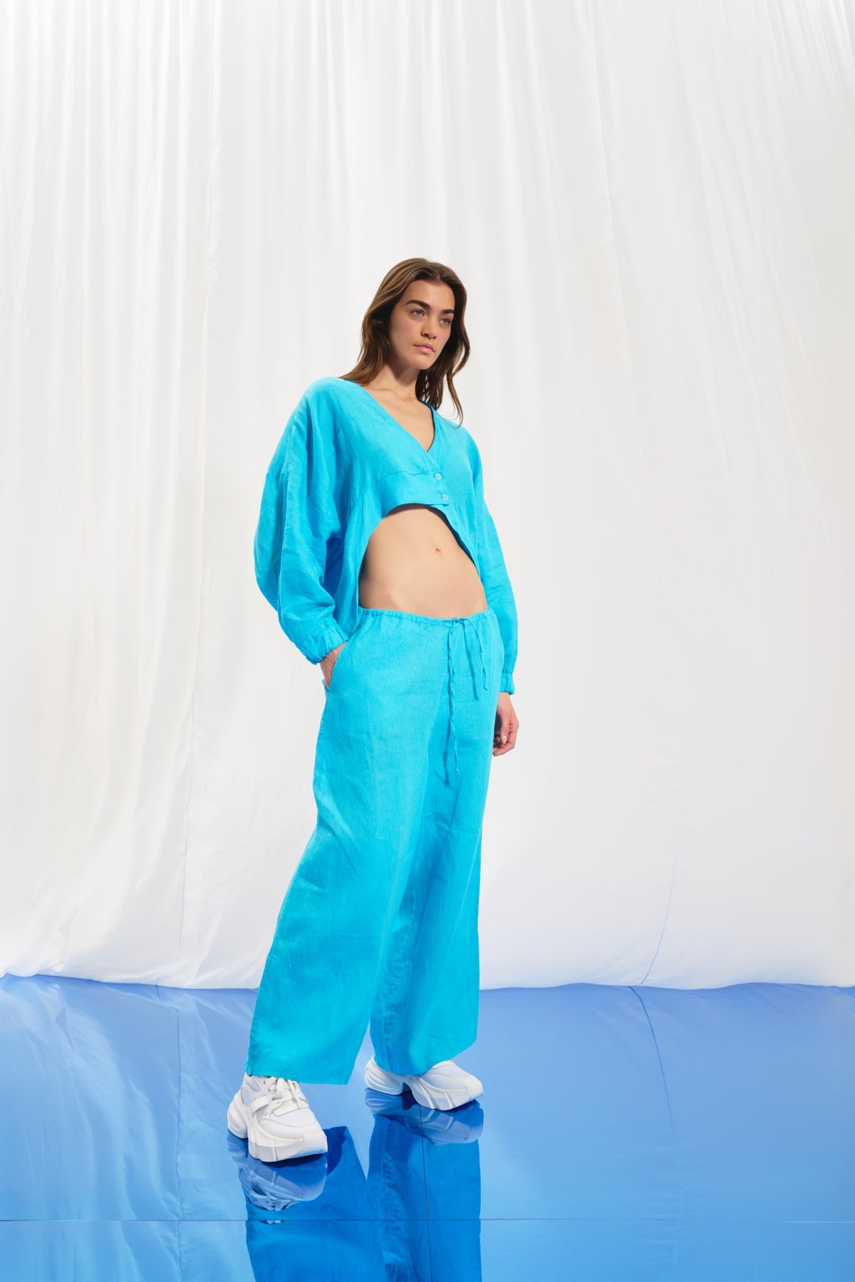 Açik Mavi Keten Wide-Leg Pantolon 17369