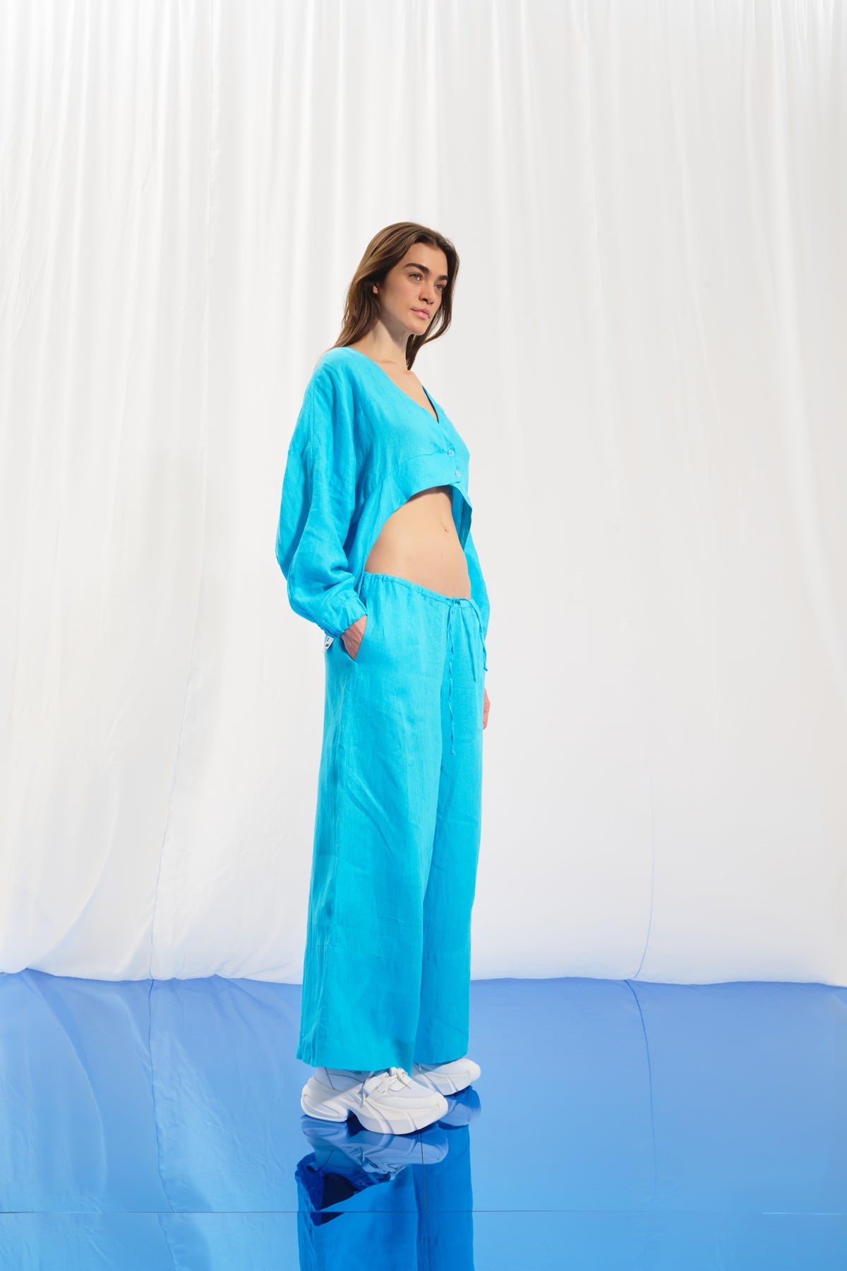 Açik Mavi Keten Wide-Leg Pantolon 17369