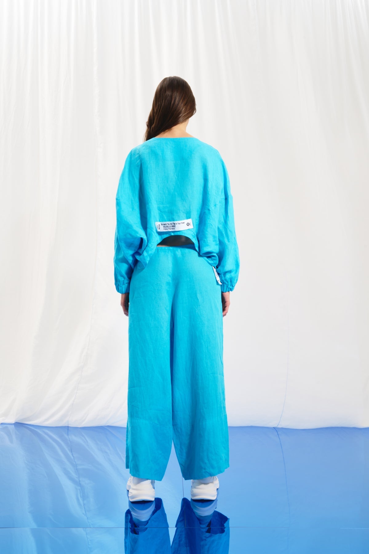 Açik Mavi Keten Wide-Leg Pantolon 17369