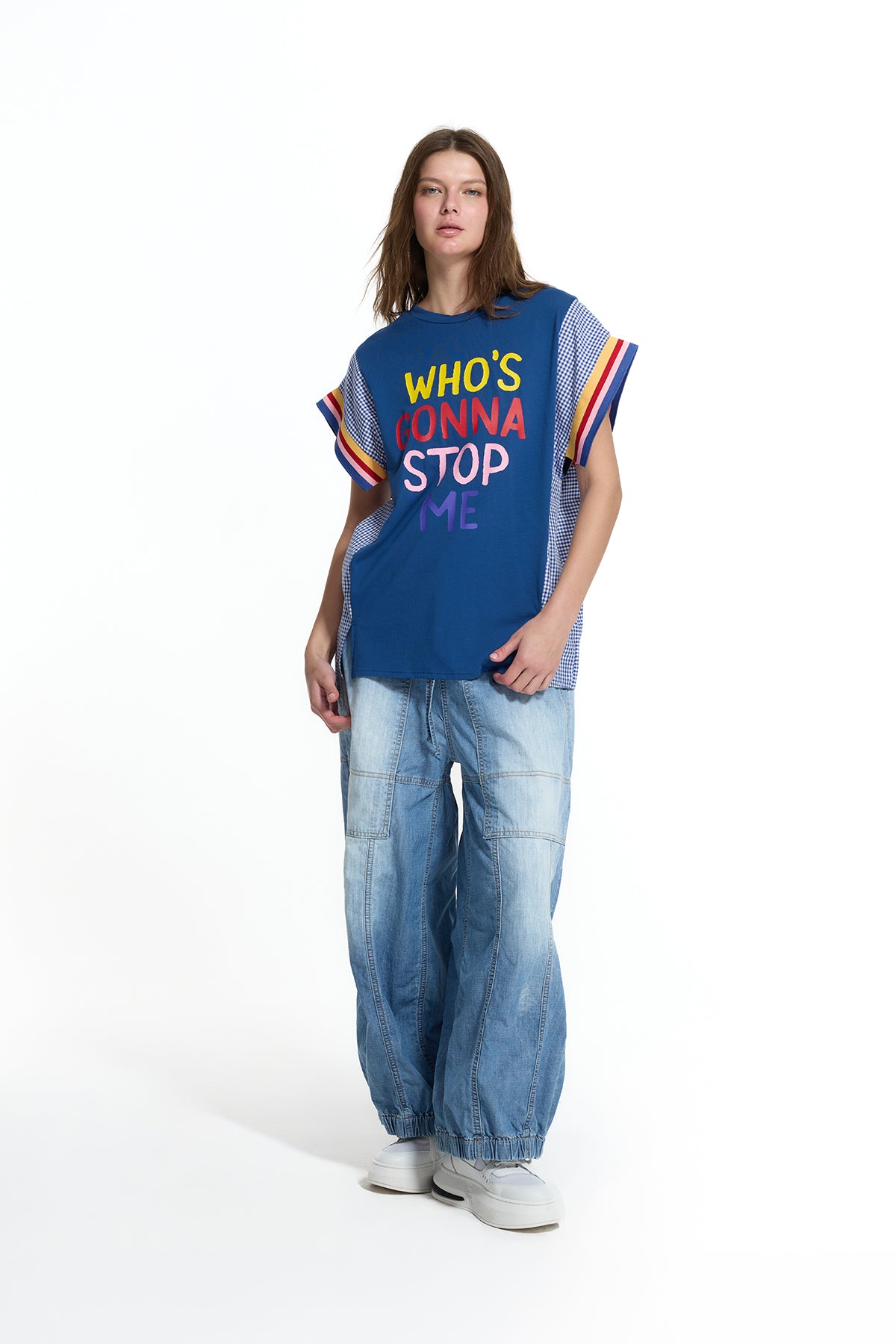 Mavi Önü Slogan Baskılı Kontrast Detaylı VDR Oversize T-Shirt T-Shirt 19018