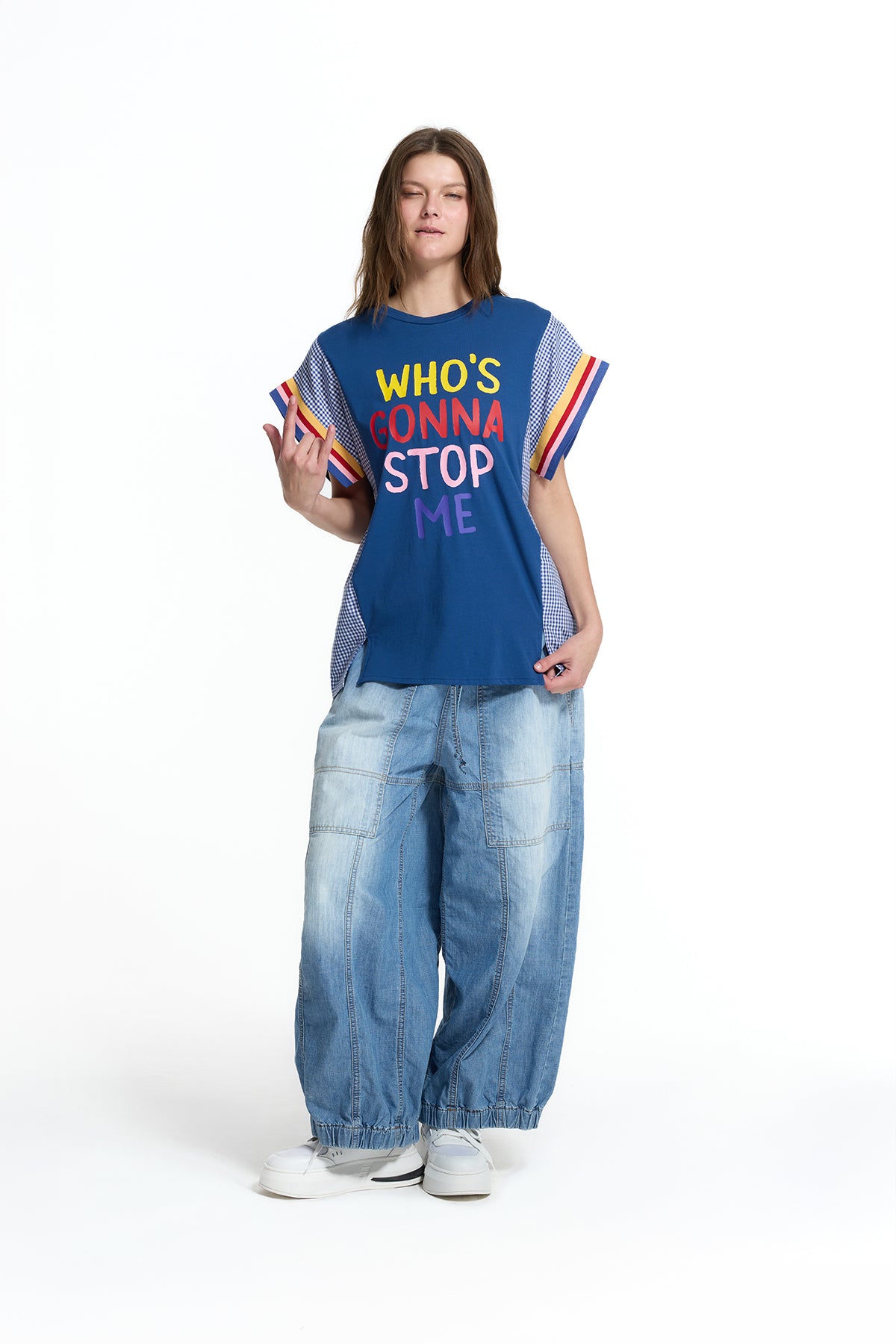 Mavi Önü Slogan Baskılı Kontrast Detaylı VDR Oversize T-Shirt T-Shirt 19018