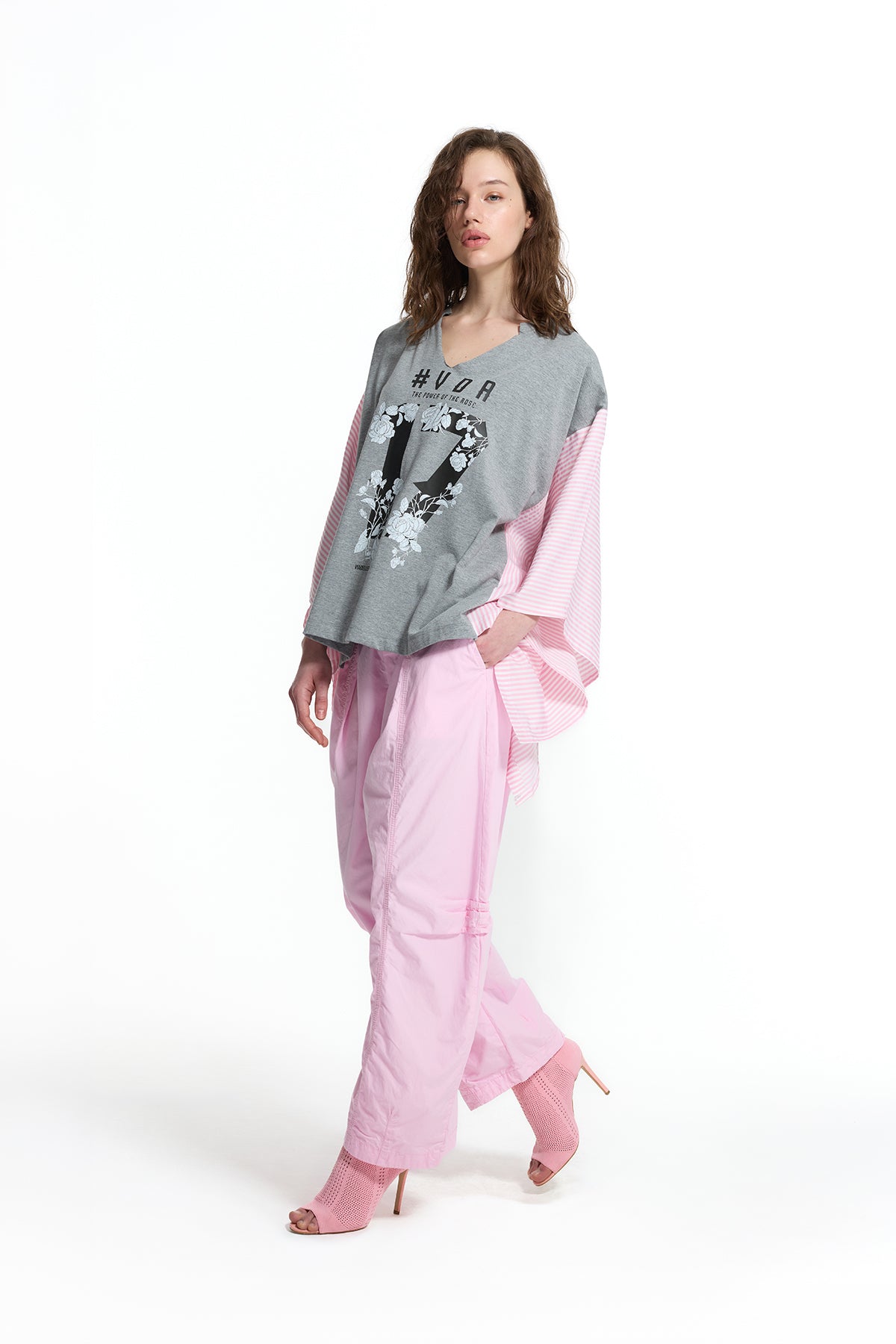 Gri Melanj Pembe Önü Baskılı V Yaka Yarasa Kol Oversize T-Shirt 19023