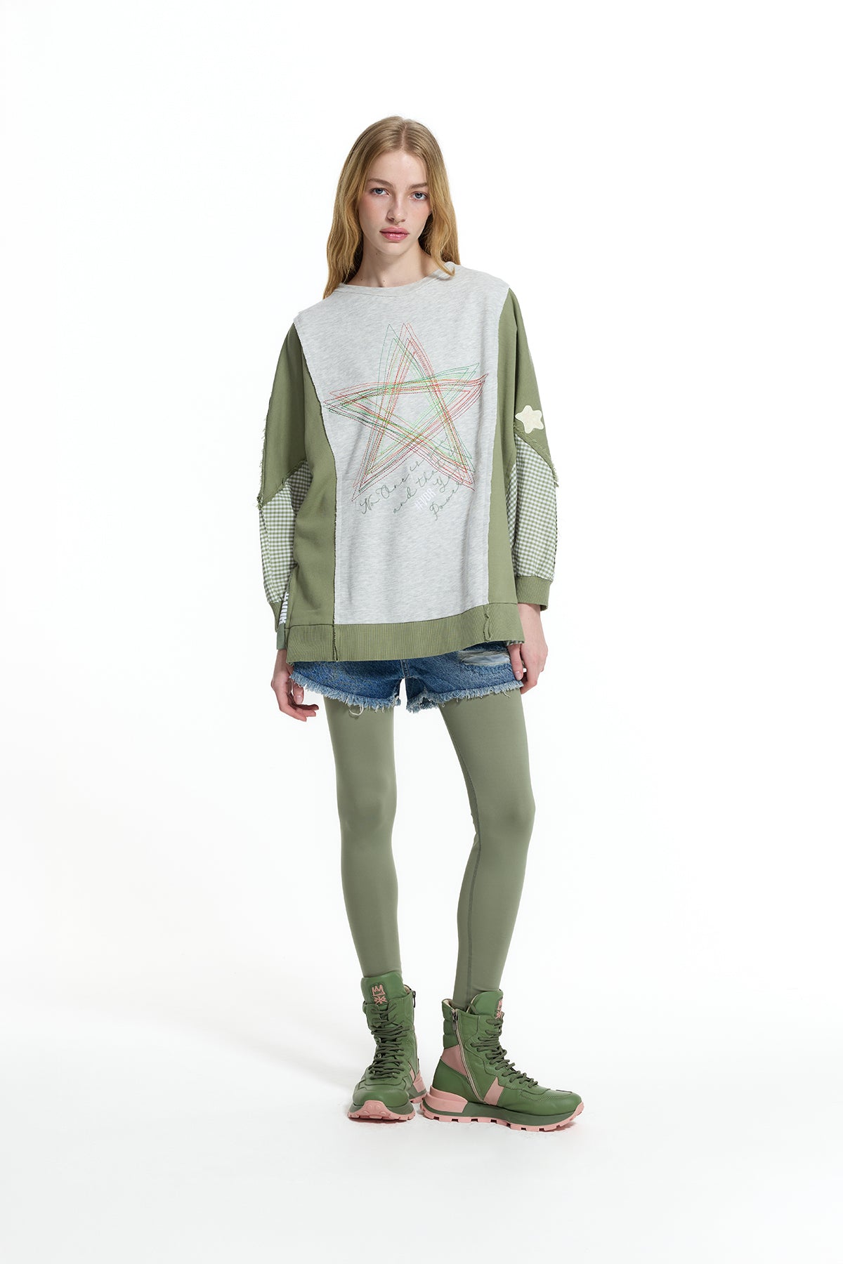 Gri Melanj Haki Kontrast Kumaşlı Nakış Detaylı Oversize Sweatshirt 19026