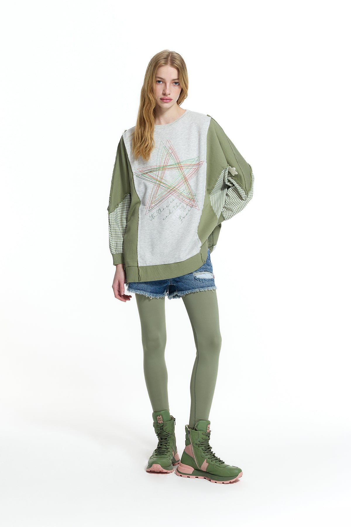 Gri Melanj Haki Kontrast Kumaşlı Nakış Detaylı Oversize Sweatshirt 19026