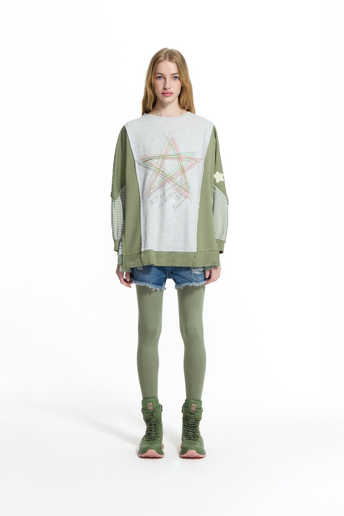 Gri Melanj Haki Kontrast Kumaşlı Nakış Detaylı Oversize Sweatshirt 19026