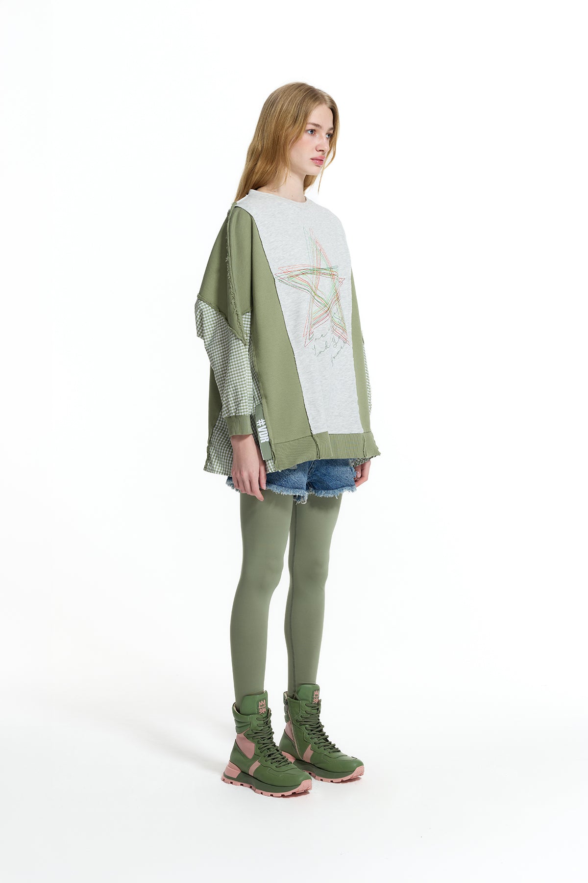 Gri Melanj Haki Kontrast Kumaşlı Nakış Detaylı Oversize Sweatshirt 19026