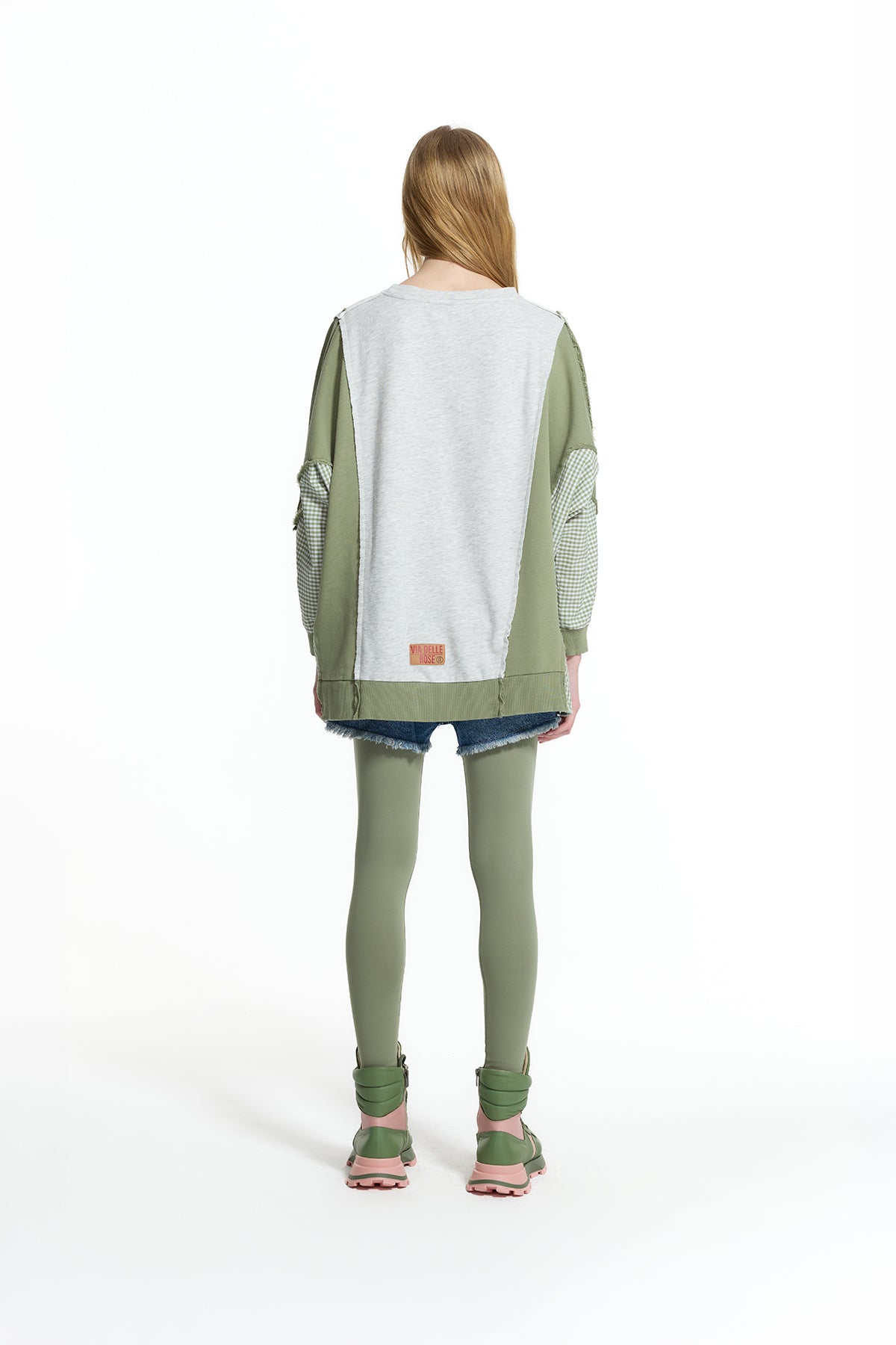 Gri Melanj Haki Kontrast Kumaşlı Nakış Detaylı Oversize Sweatshirt 19026