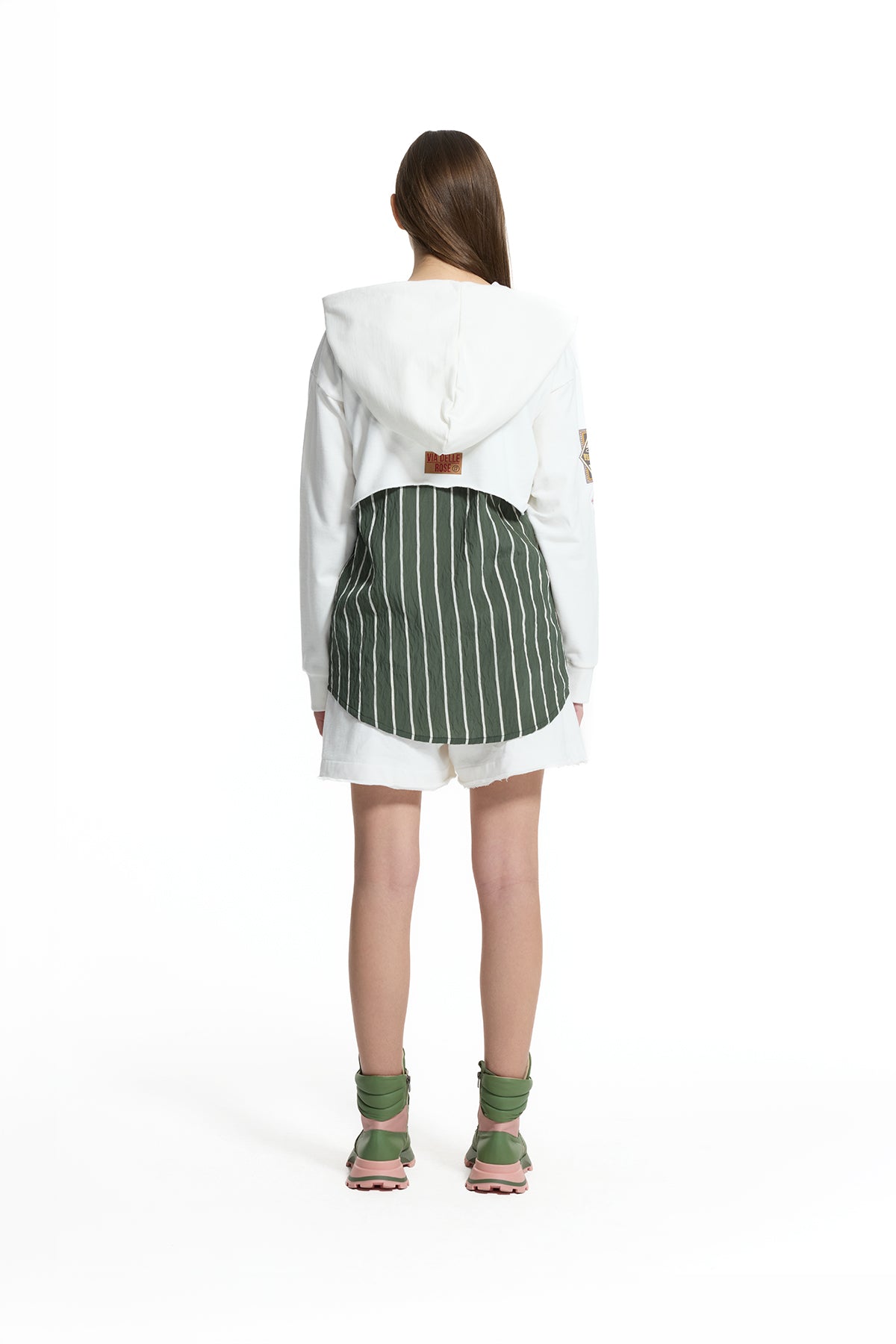 Ekru Yeşil Katmanlı Kapüşonlu Çizgili Parça Detaylı Oversize Tunik Sweatshirt 19028