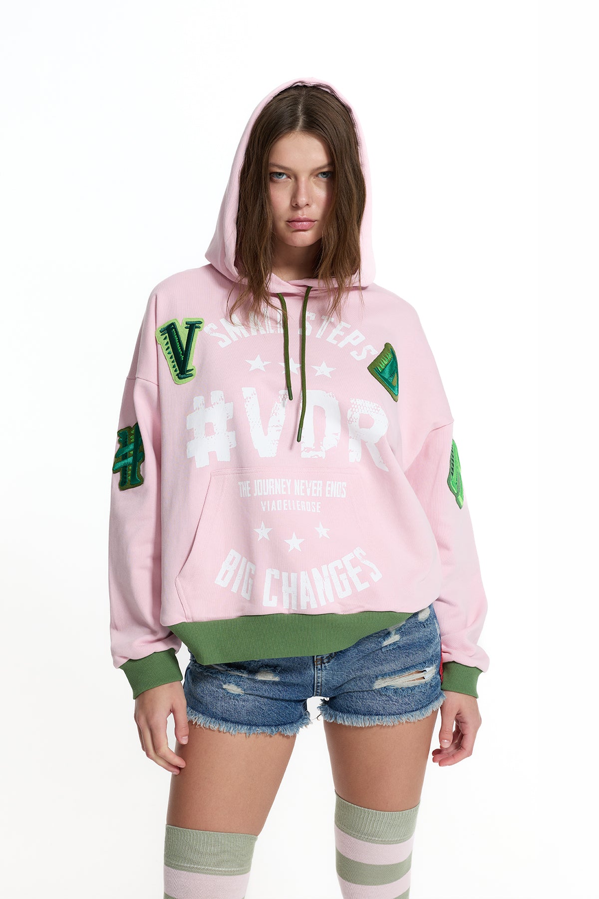 Pembe Haki Arma ve Baskı Detaylı Kapüşonlu Oversize Sweatshirt 19043