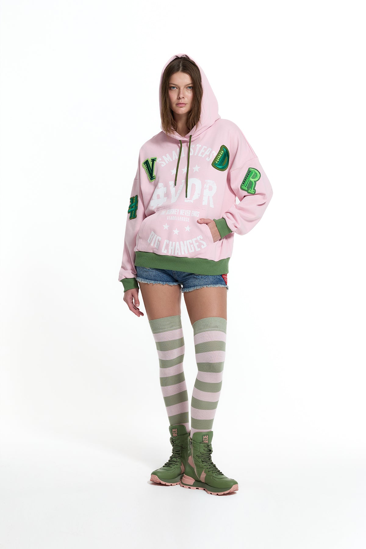 Pembe Haki Arma ve Baskı Detaylı Kapüşonlu Oversize Sweatshirt 19043