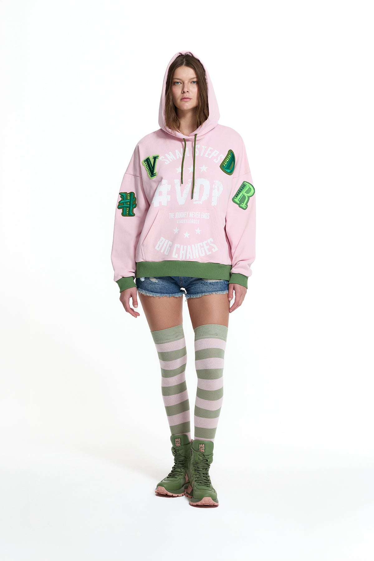 Pembe Haki Arma ve Baskı Detaylı Kapüşonlu Oversize Sweatshirt 19043