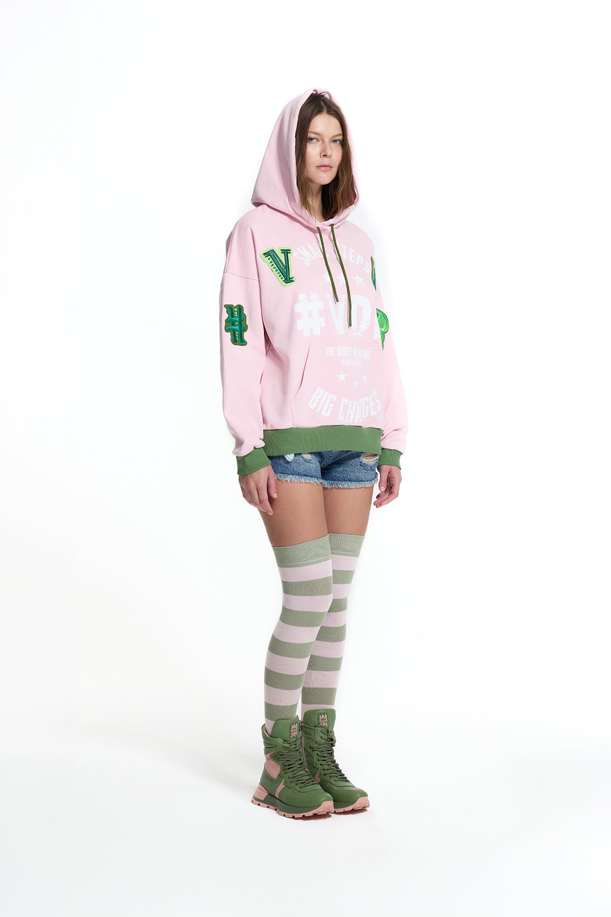 Pembe Haki Arma ve Baskı Detaylı Kapüşonlu Oversize Sweatshirt 19043