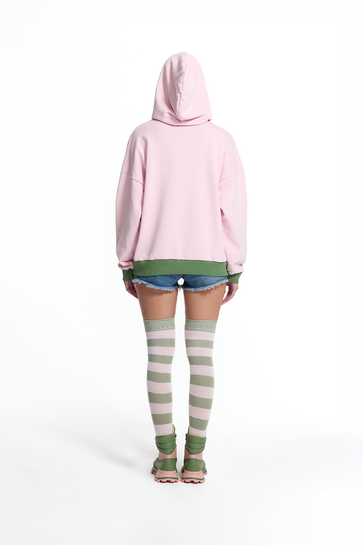 Pembe Haki Arma ve Baskı Detaylı Kapüşonlu Oversize Sweatshirt 19043