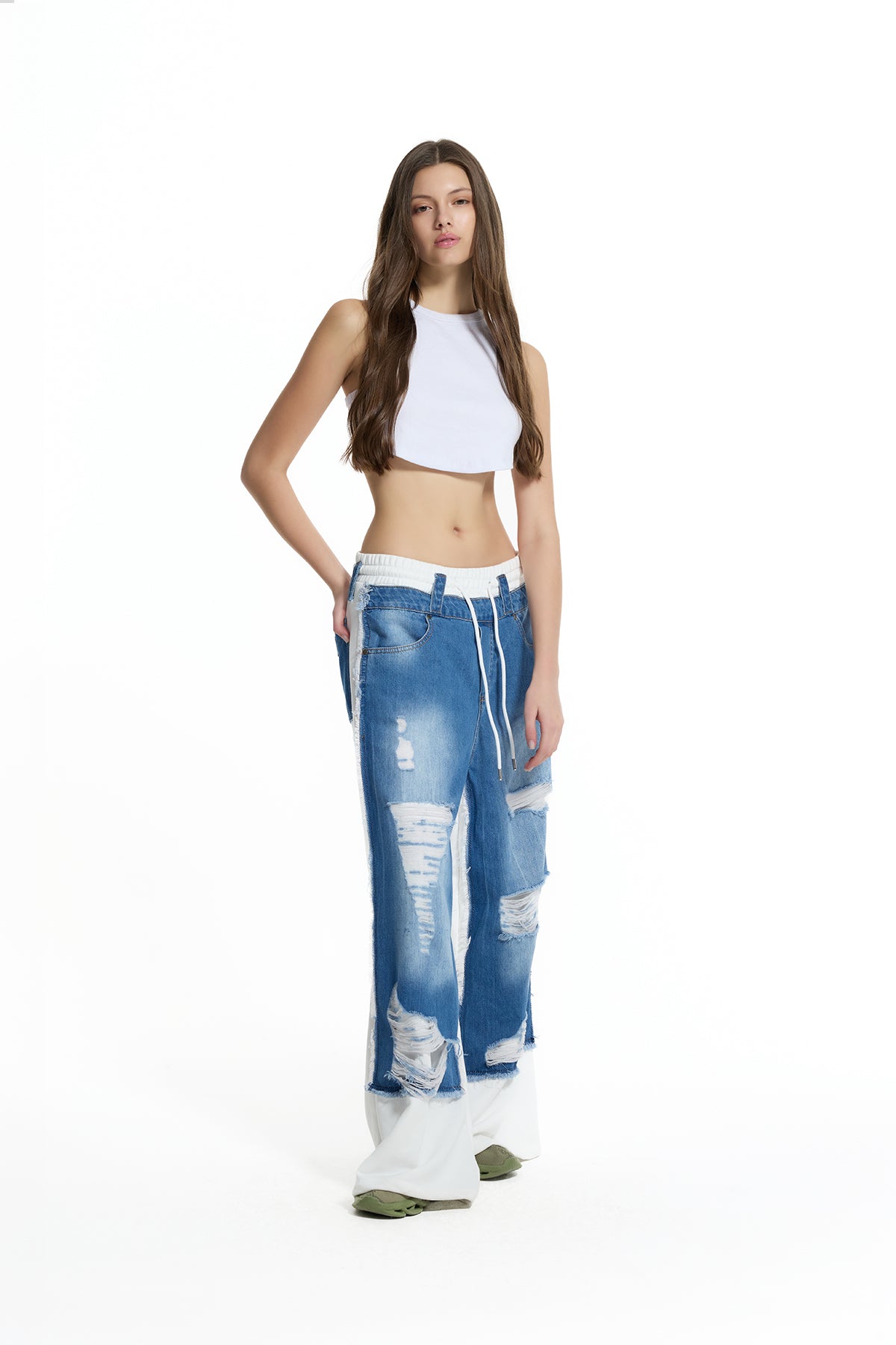 Mavi Ekru Kontrast Kumaşlı Yırtık Denim Geniş Paça Pantolon 19062