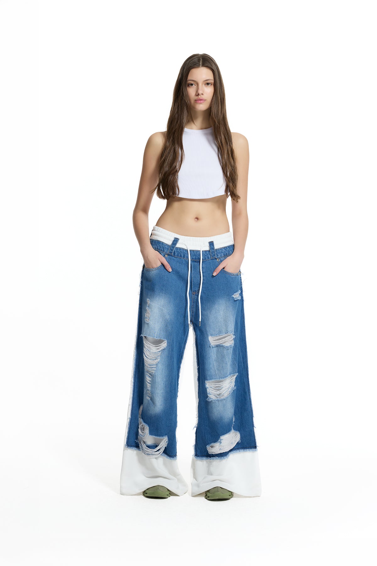 Mavi Ekru Kontrast Kumaşlı Yırtık Denim Geniş Paça Pantolon 19062