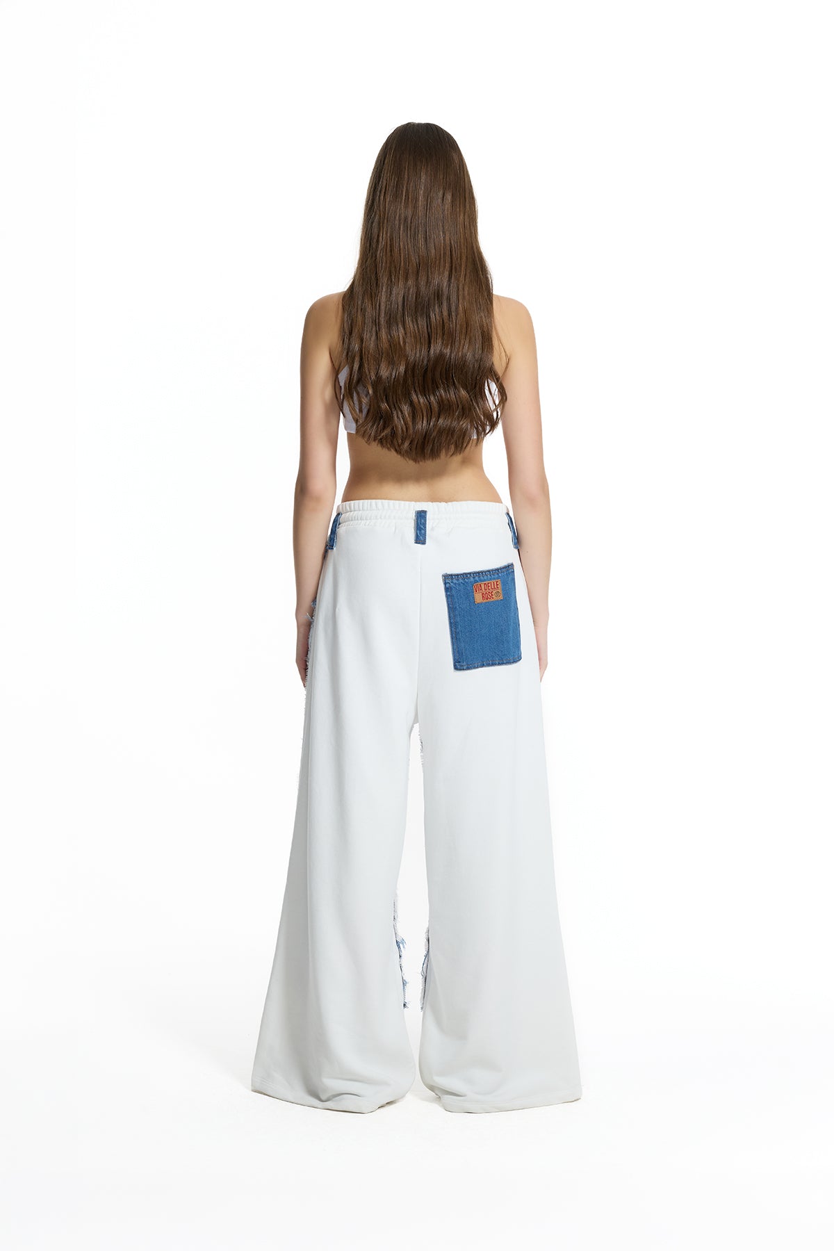 Mavi Ekru Kontrast Kumaşlı Yırtık Denim Geniş Paça Pantolon 19062