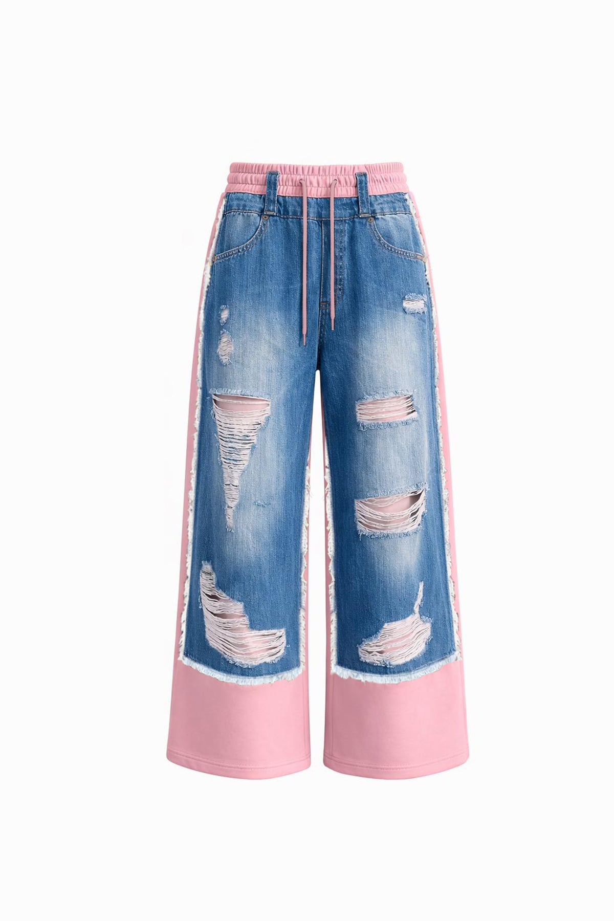 Viadellerose Kontrast Kumaşlı Yırtık Denim Geniş Paça Pantolon