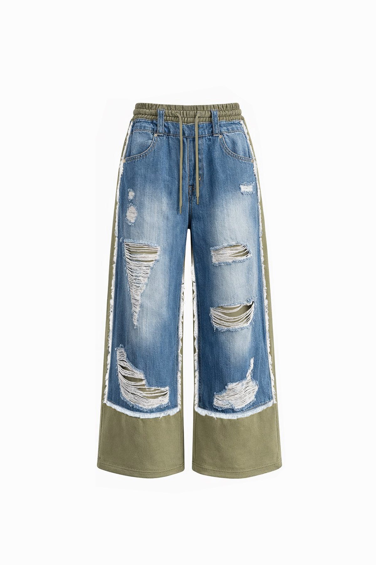 Mavi Haki Kontrast Kumaşlı Yırtık Denim Geniş Paça Pantolon 19062