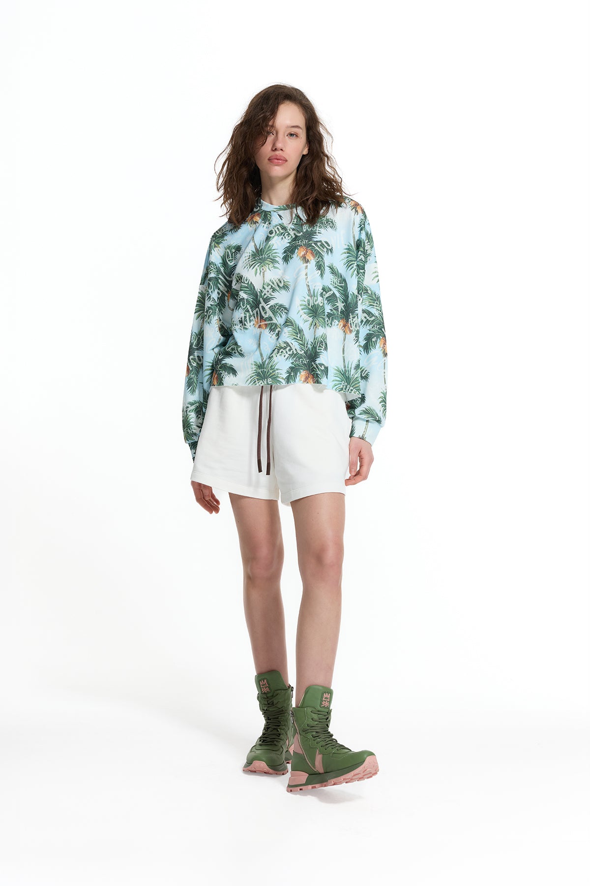 Mavi Yeşil Palmiye Desenli Crop Sweatshirt 19077