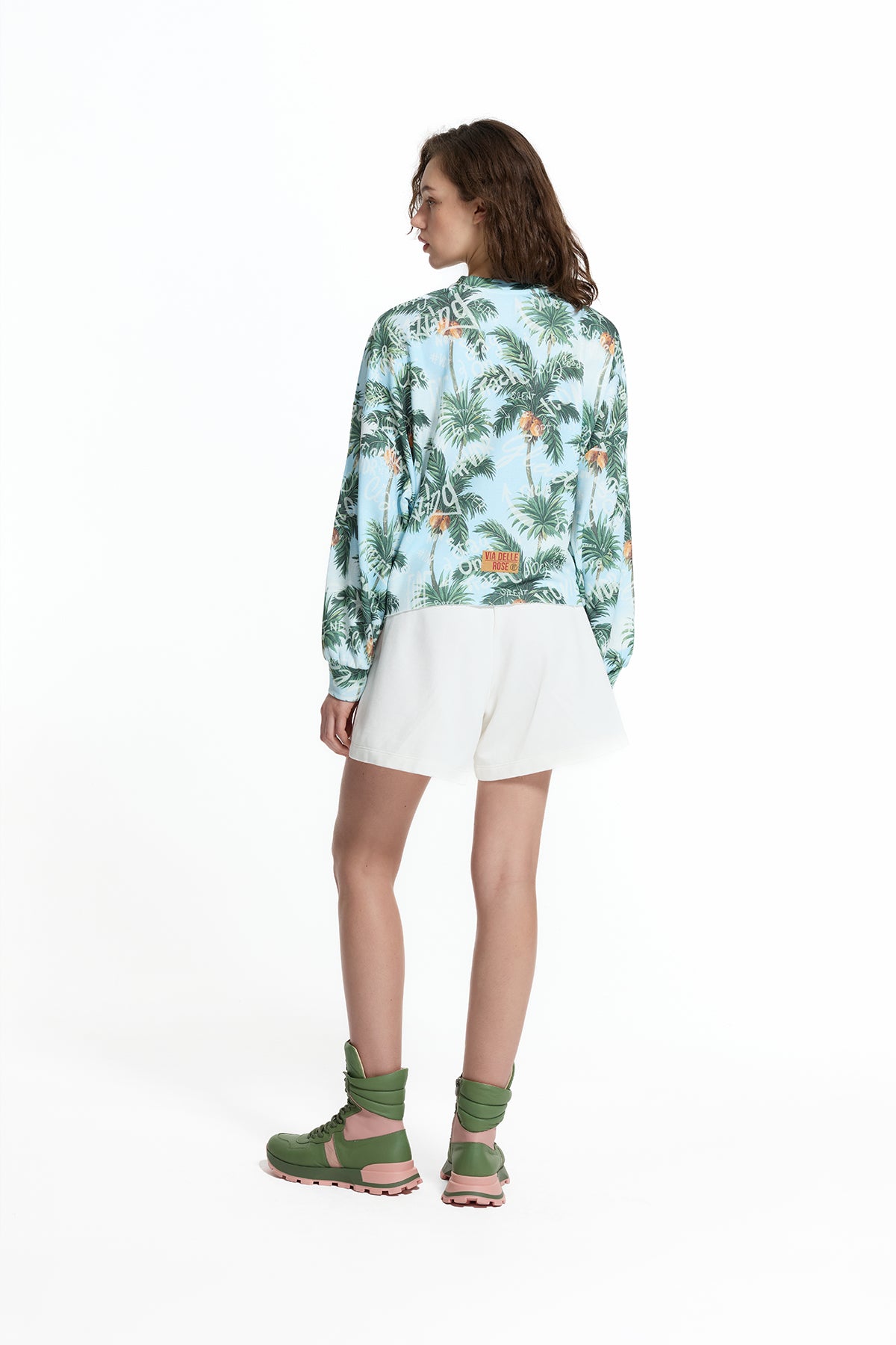 Mavi Yeşil Palmiye Desenli Crop Sweatshirt 19077
