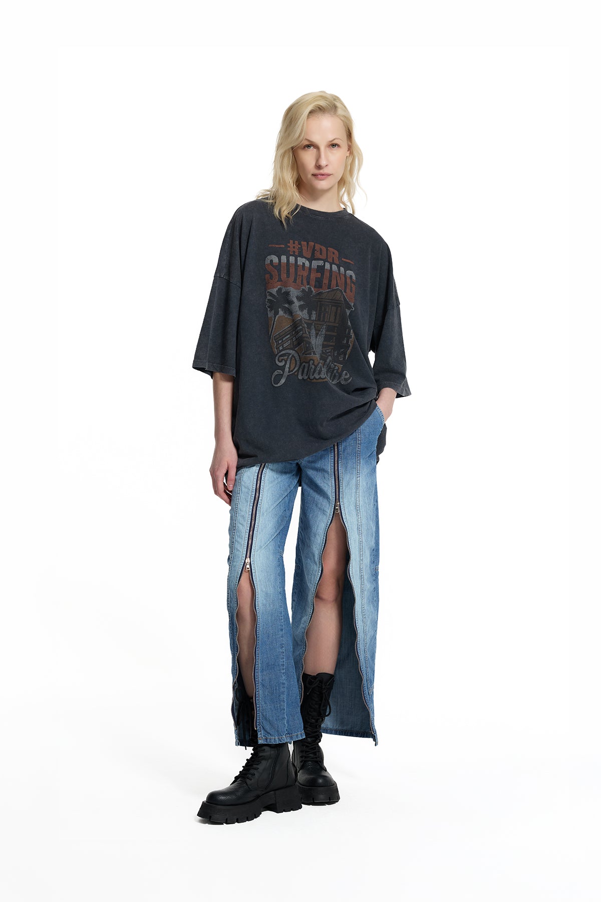 Siyah Grafik Baskılı Yıkamalı Oversize T-Shirt 19085