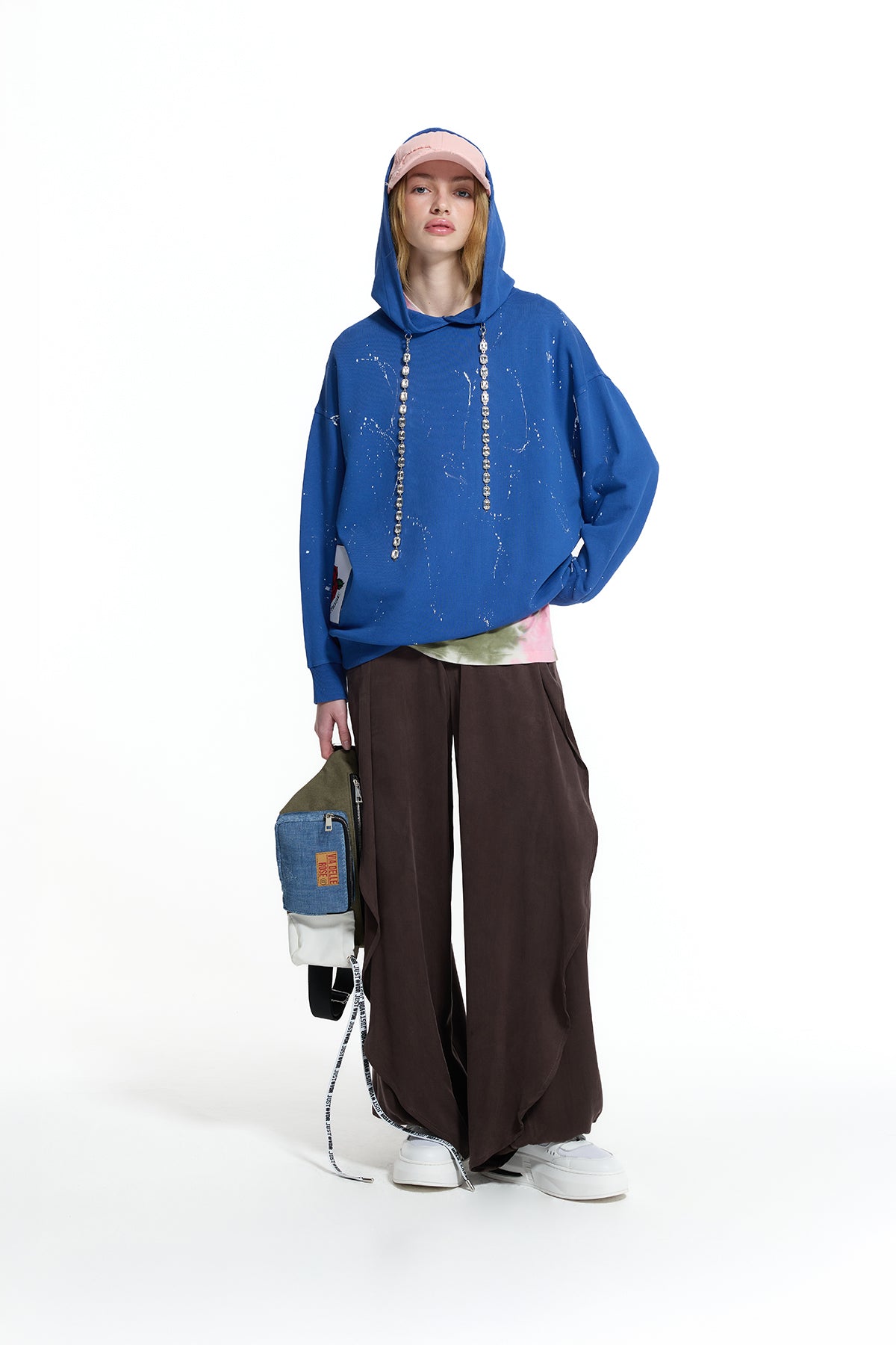 Saks Mavisi Taş Detaylı Bağcıklı Boya Efektli Kapüşonlu Sweatshirt 19093