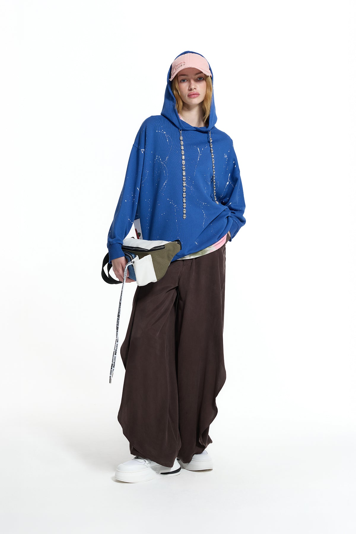 Saks Mavisi Taş Detaylı Bağcıklı Boya Efektli Kapüşonlu Sweatshirt 19093