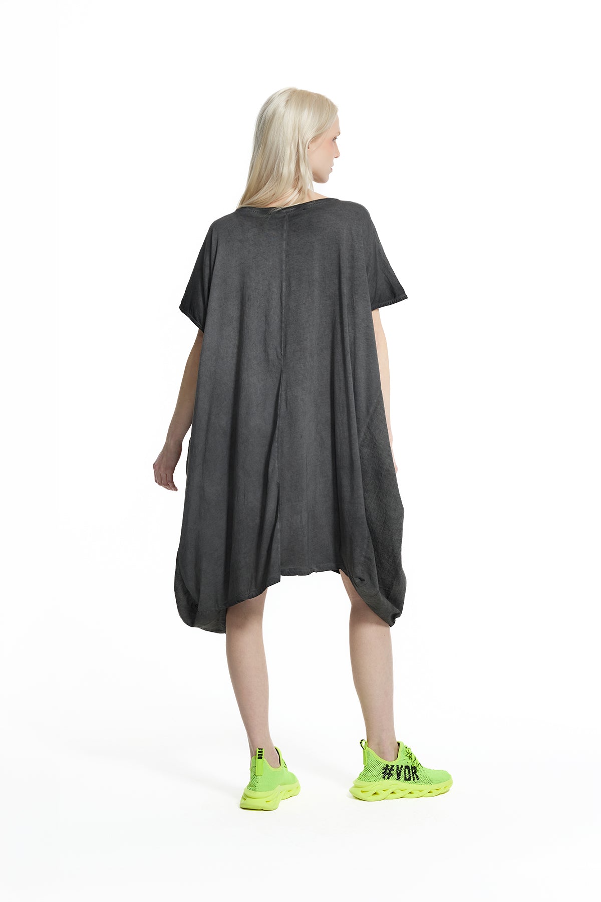 Siyah Yıkamalı Grafik İfadeli Oversize T-Shirt Elbise 19095
