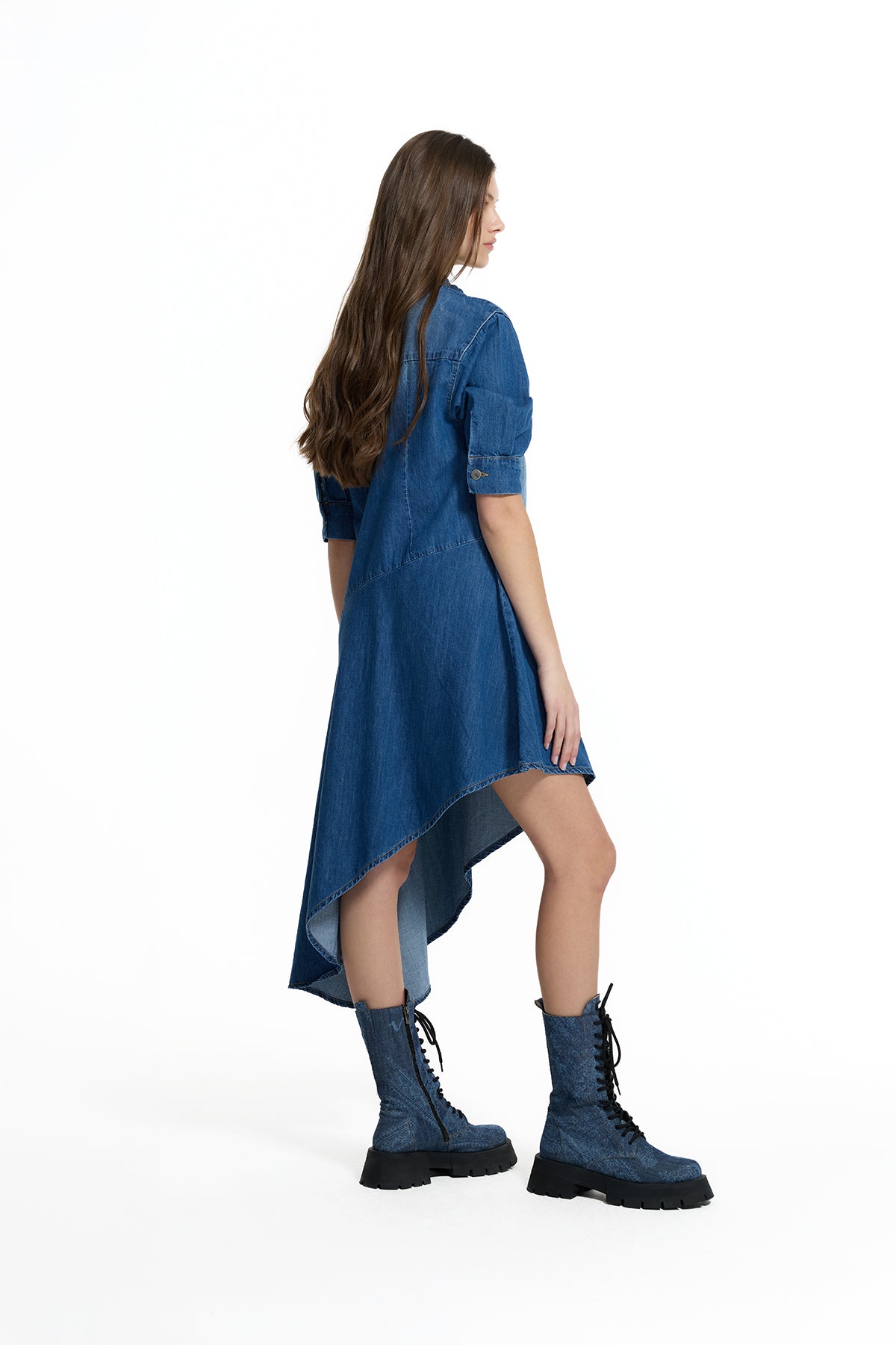 Mavi Asimetrik Denim Gömlek Elbise 19124