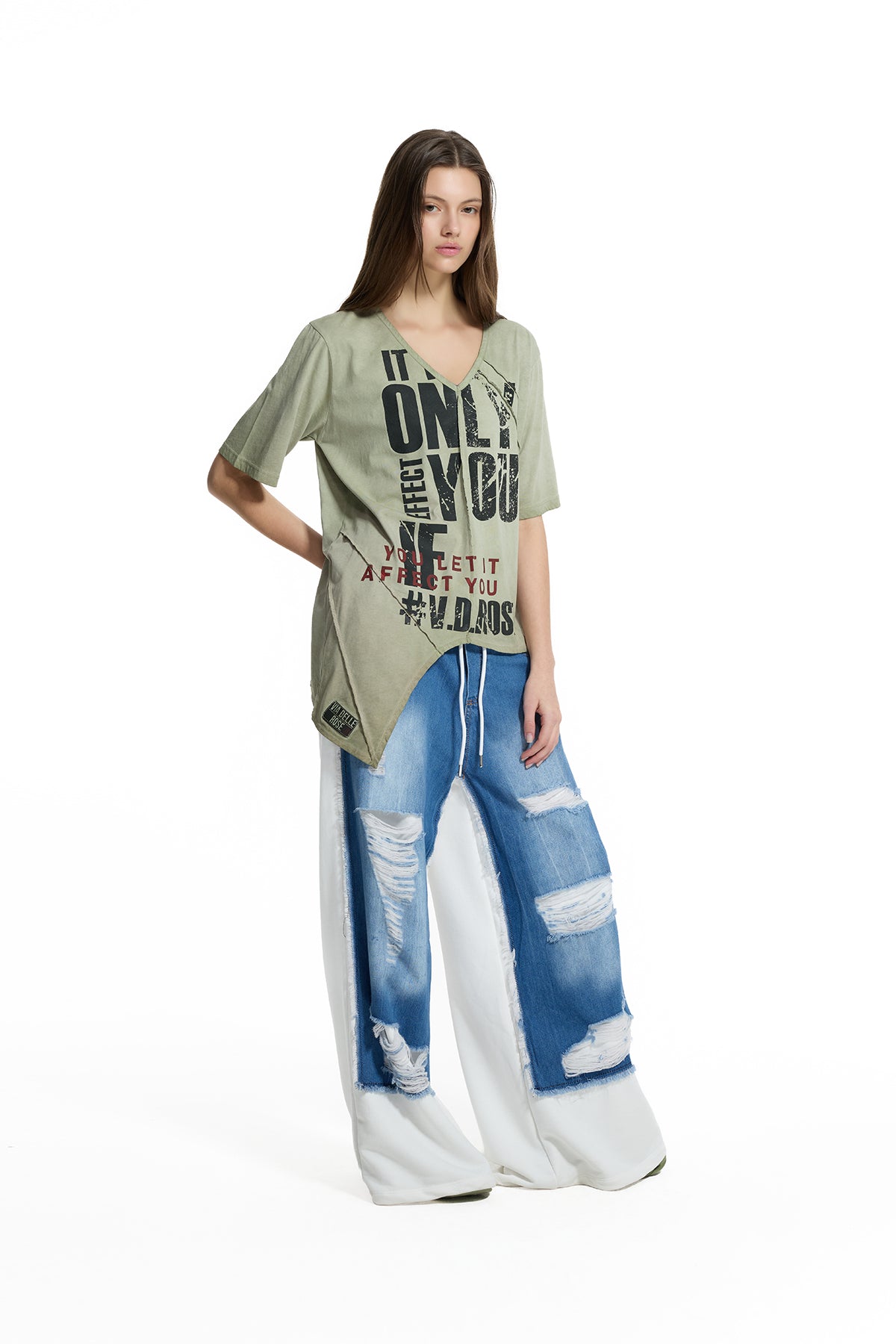 Haki Yazı Baskılı Asimetrik T-Shirt 19140