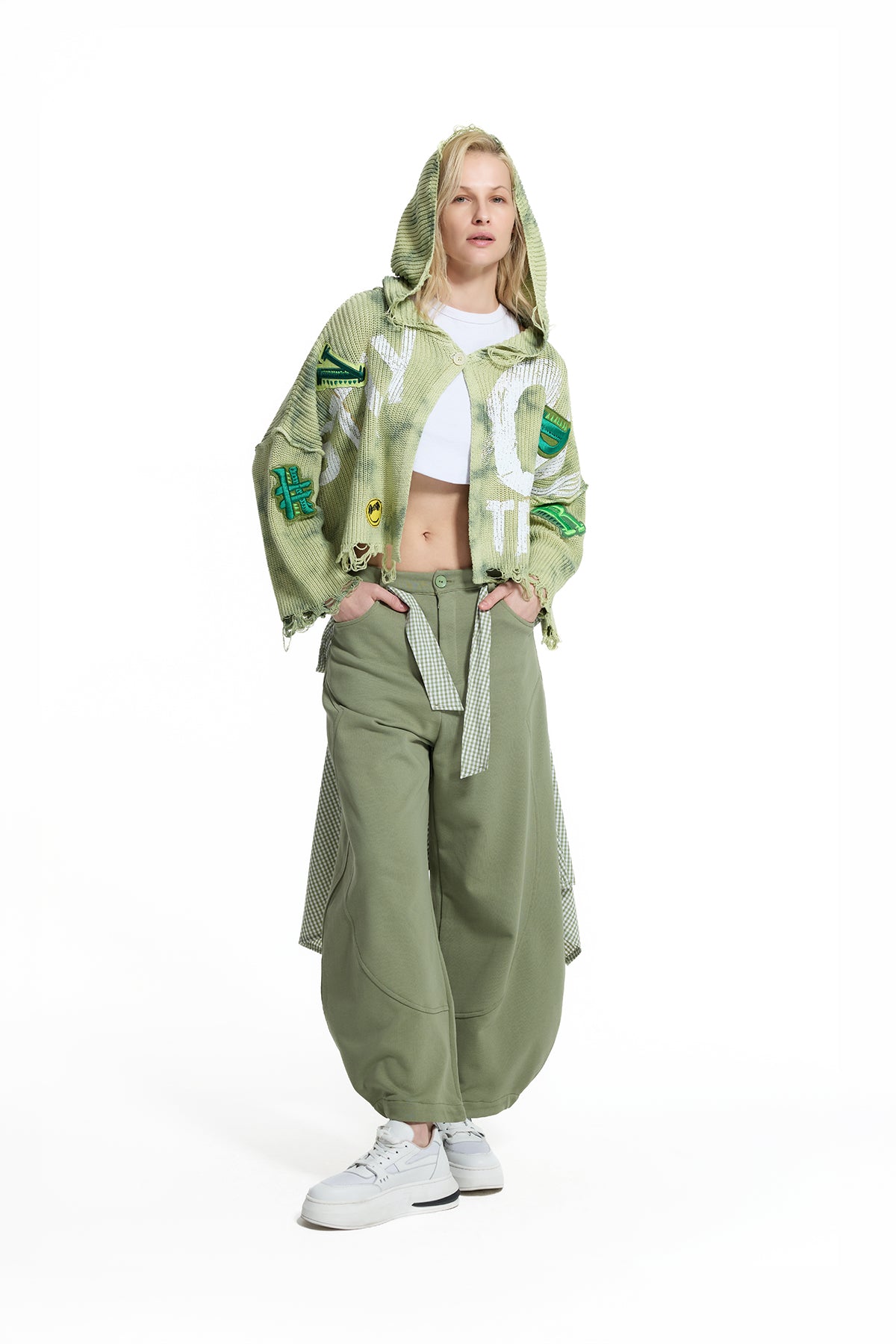 Fıstık Yeşili Patch Detaylı Crop Kazak 19159