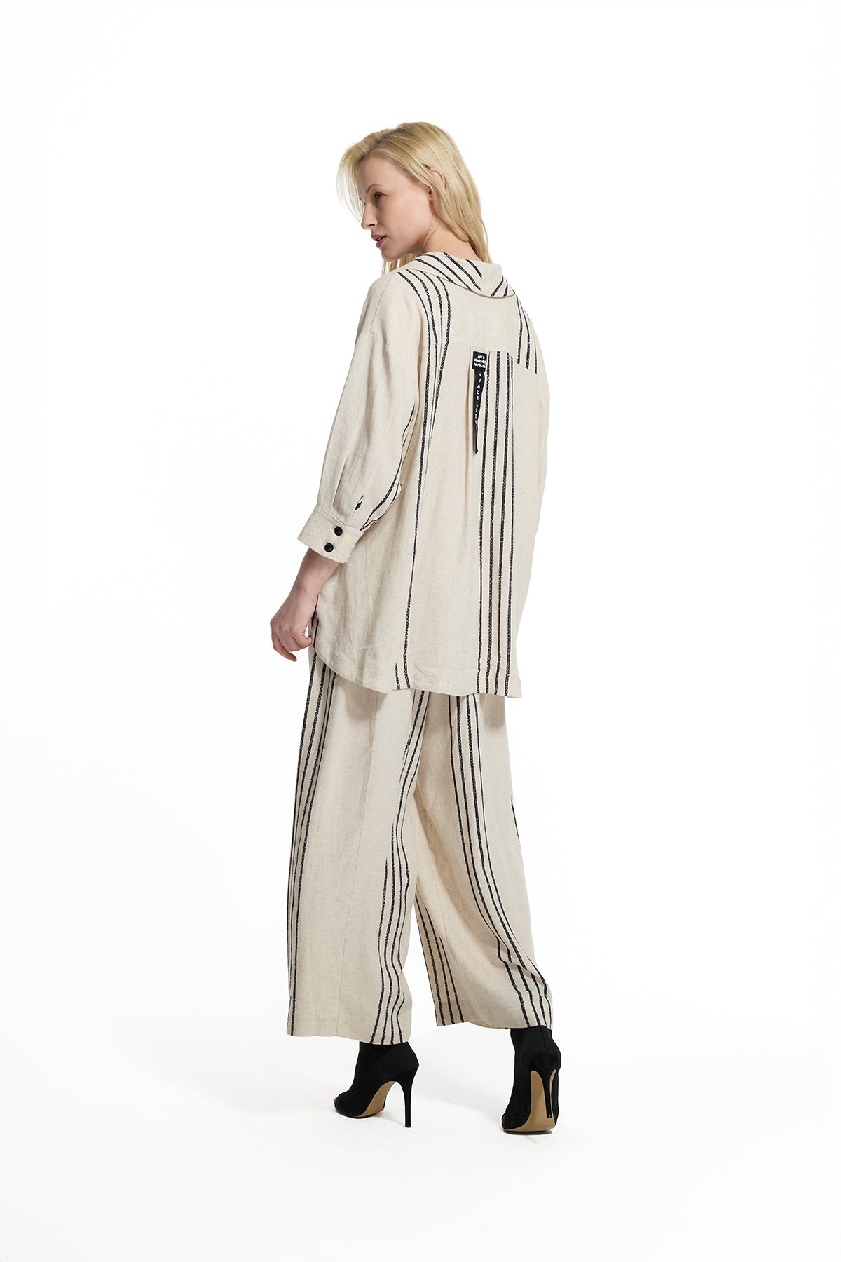 Bej Siyah Çizgili Keten Gömlek Ceket 19179