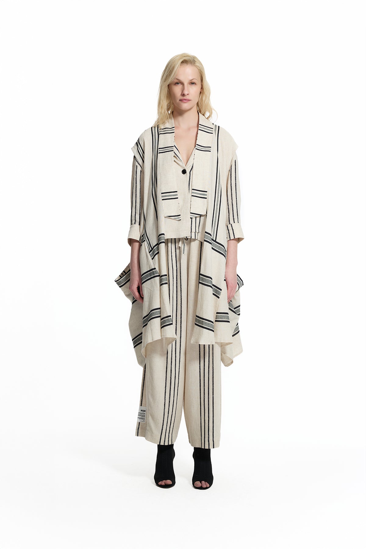 Bej Siyah Çizgili Keten Uzun Ceket 19180