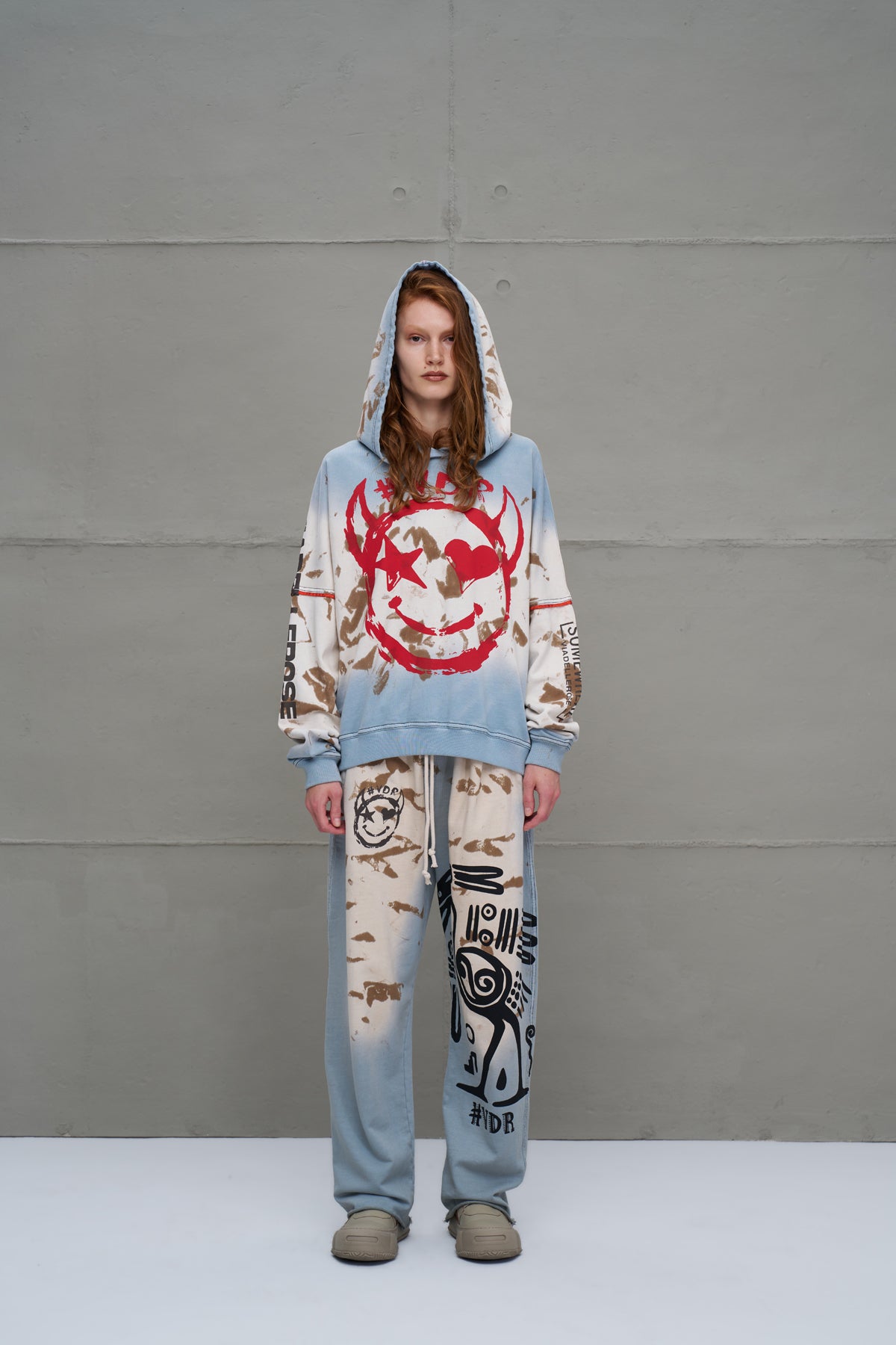 Mavi Bej Eskitme Desenli Oversize Esofman Pantolon 18002