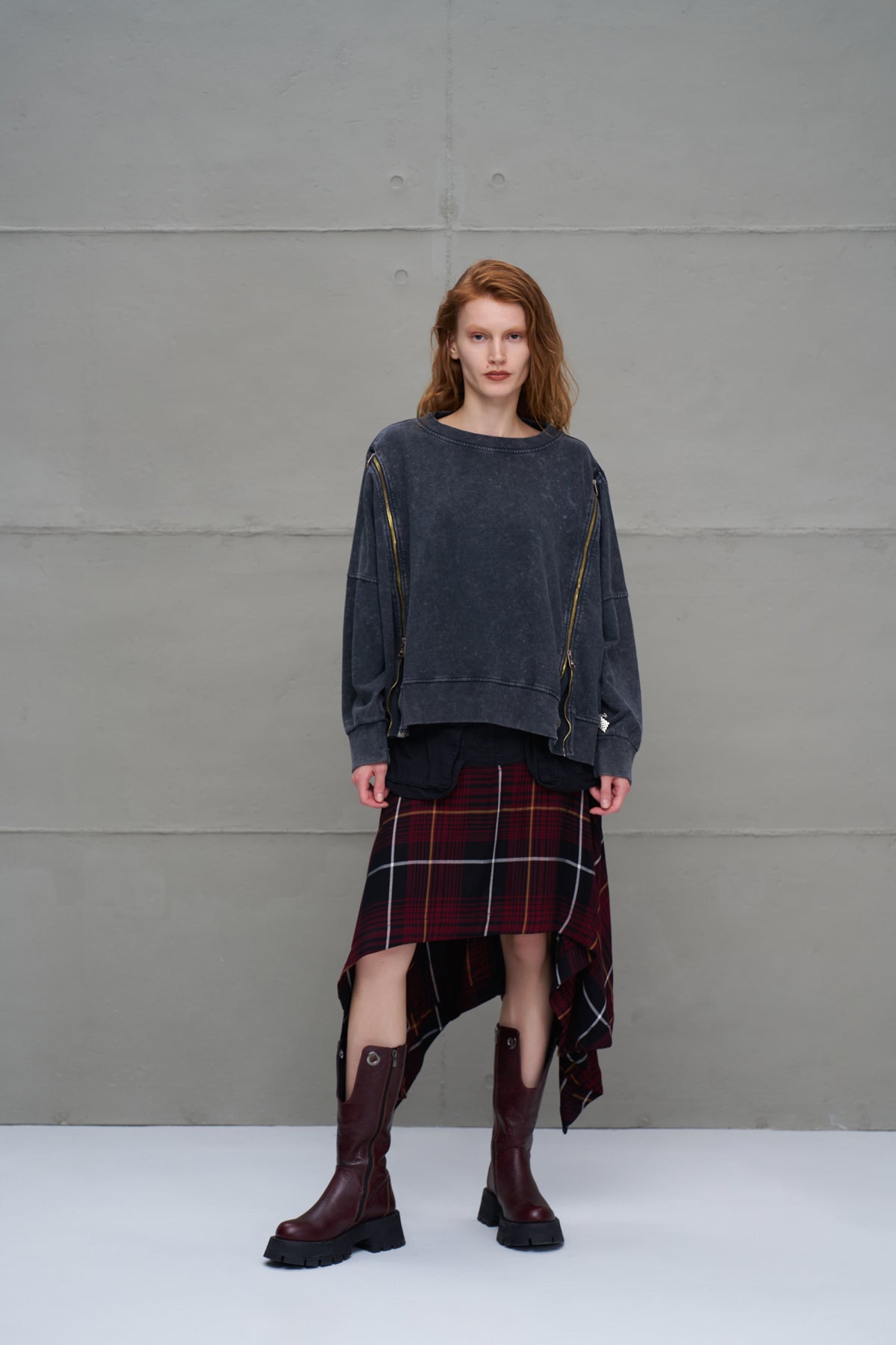 Antrasit Fermuarli Genis Kesim Sweatshirt 18005