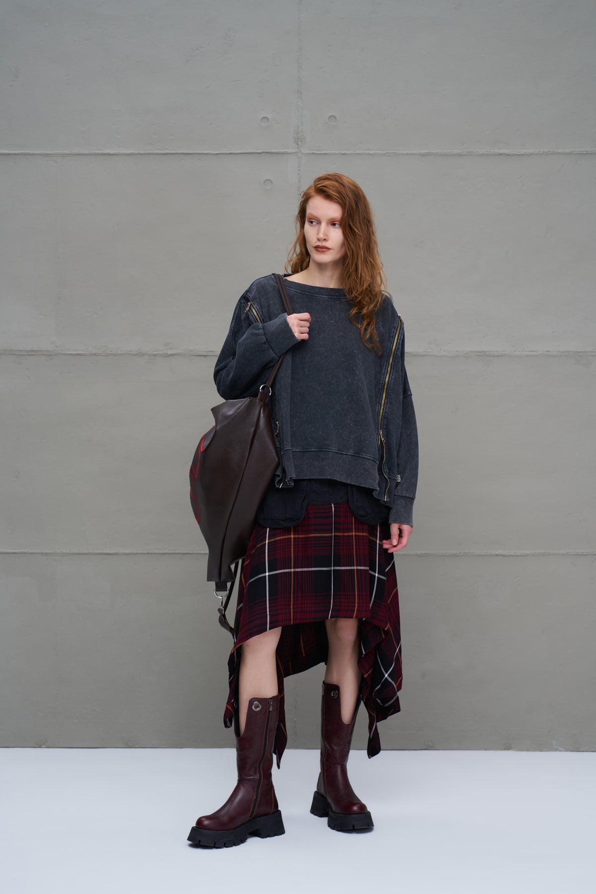 Antrasit Fermuarli Genis Kesim Sweatshirt 18005