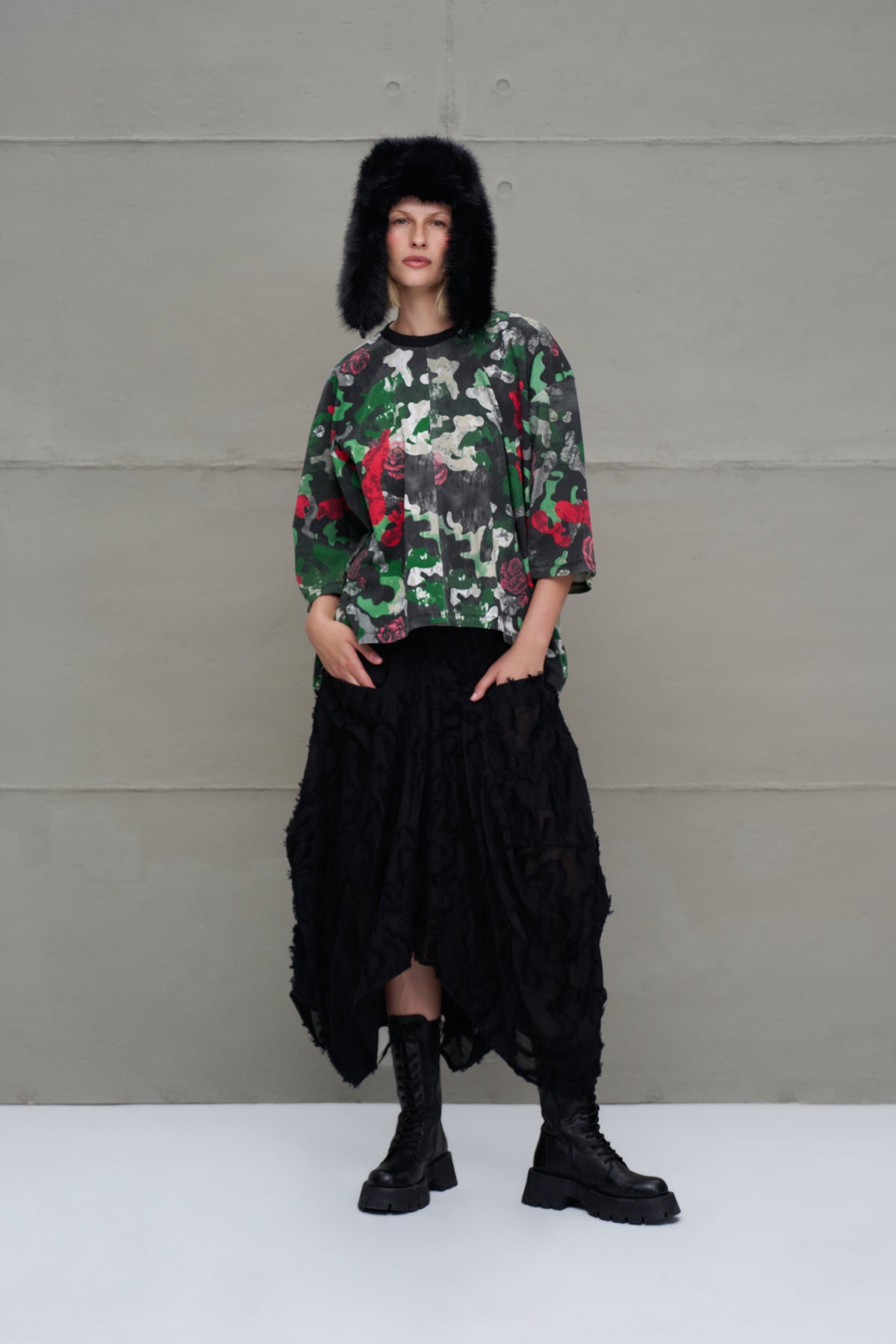 Camo Kamuflaj Desenli Asimetrik Oversize T-Shirt 18029