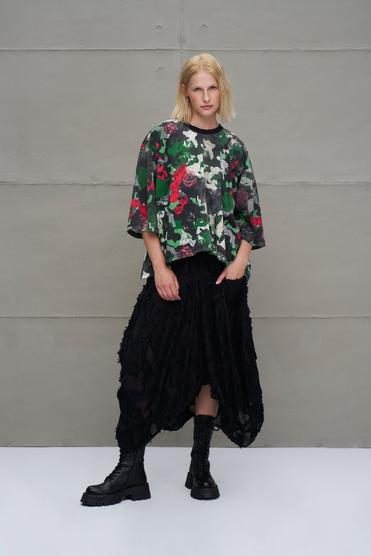 Camo Kamuflaj Desenli Asimetrik Oversize T-Shirt 18029