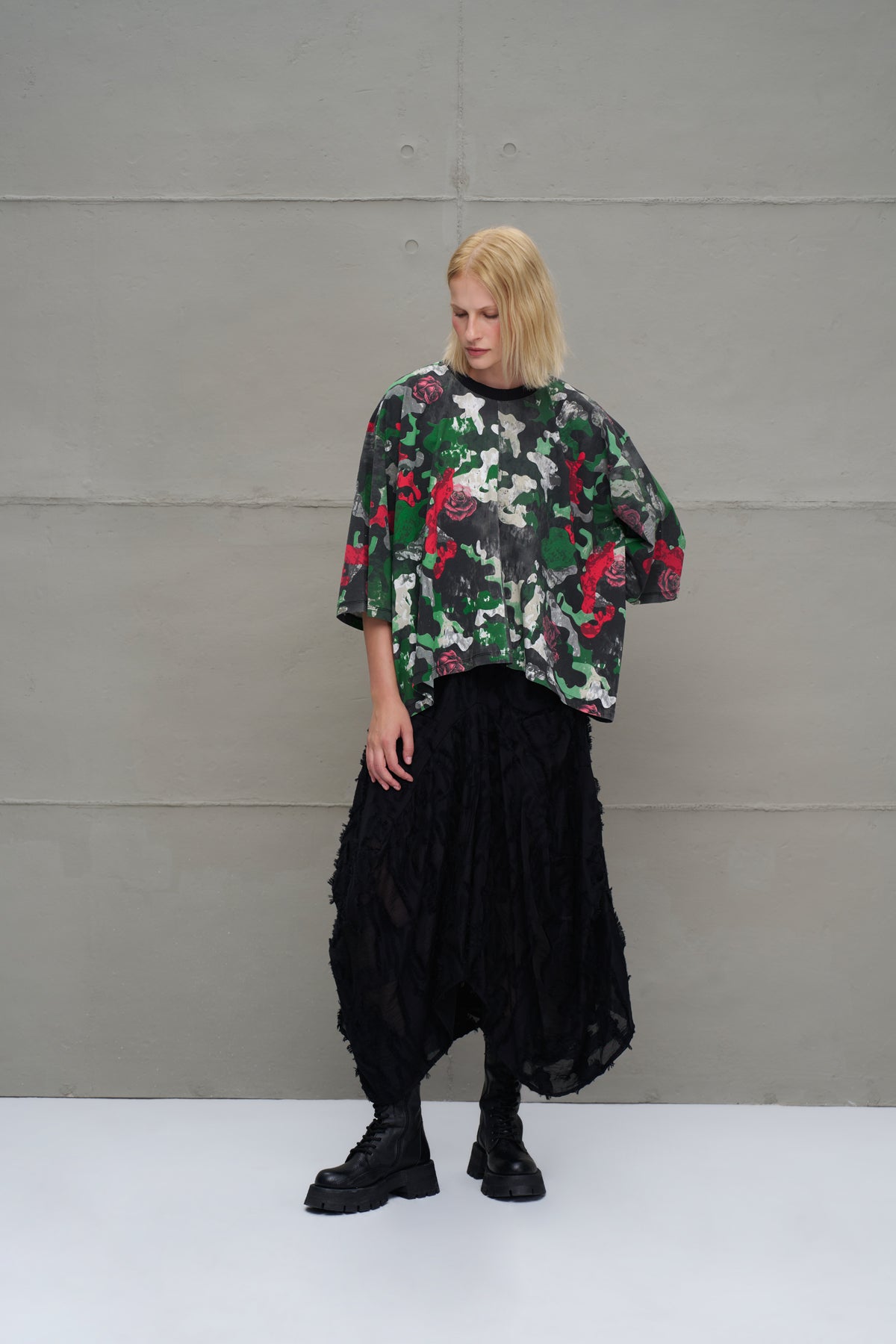 Camo Kamuflaj Desenli Asimetrik Oversize T-Shirt 18029